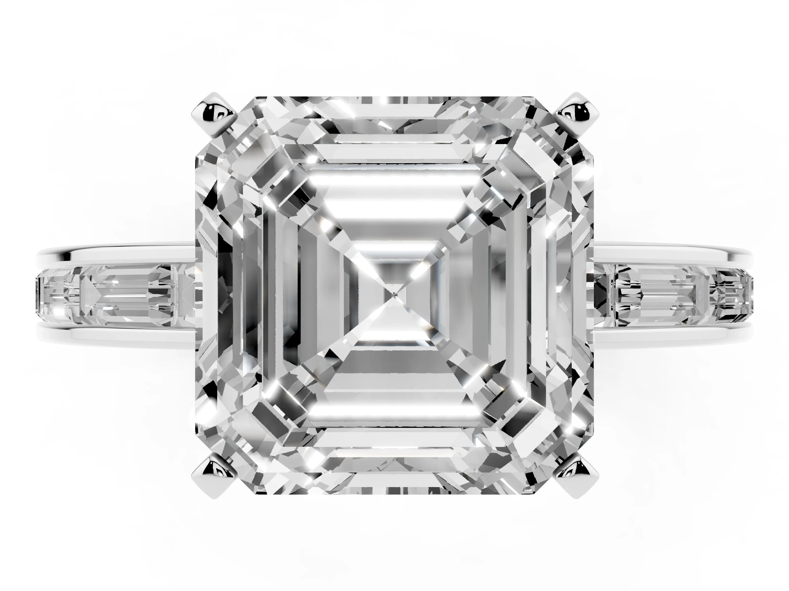Asscher Cut Diamond Solitaire Ring Set in Silver with Channel-Set Baguette Band and Prong Setting