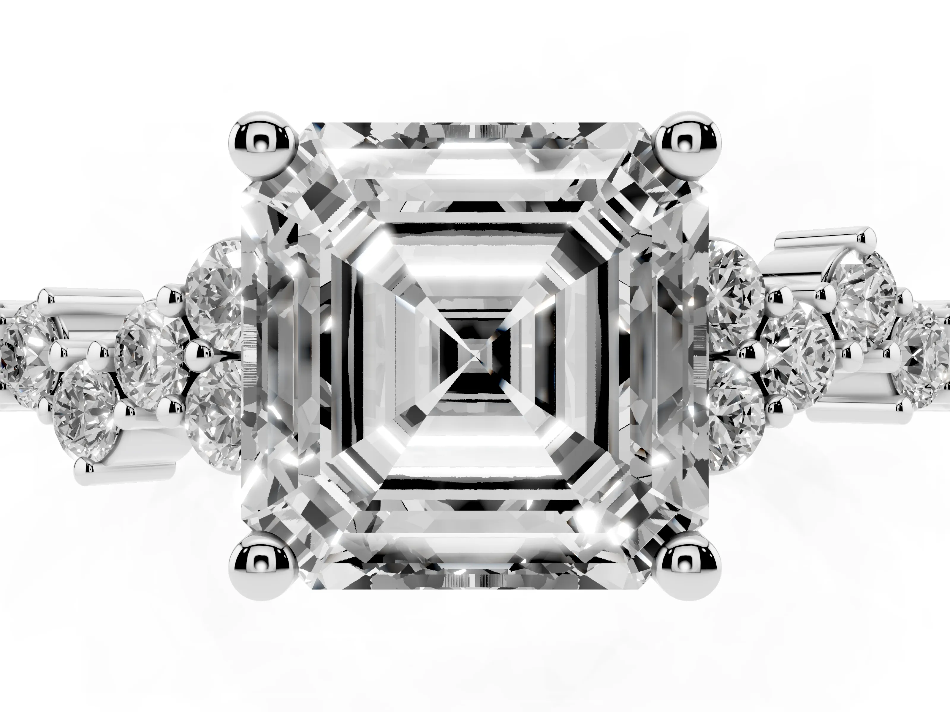 Asscher Cut Diamond Ring Set in Silver with Scattered Round Accents