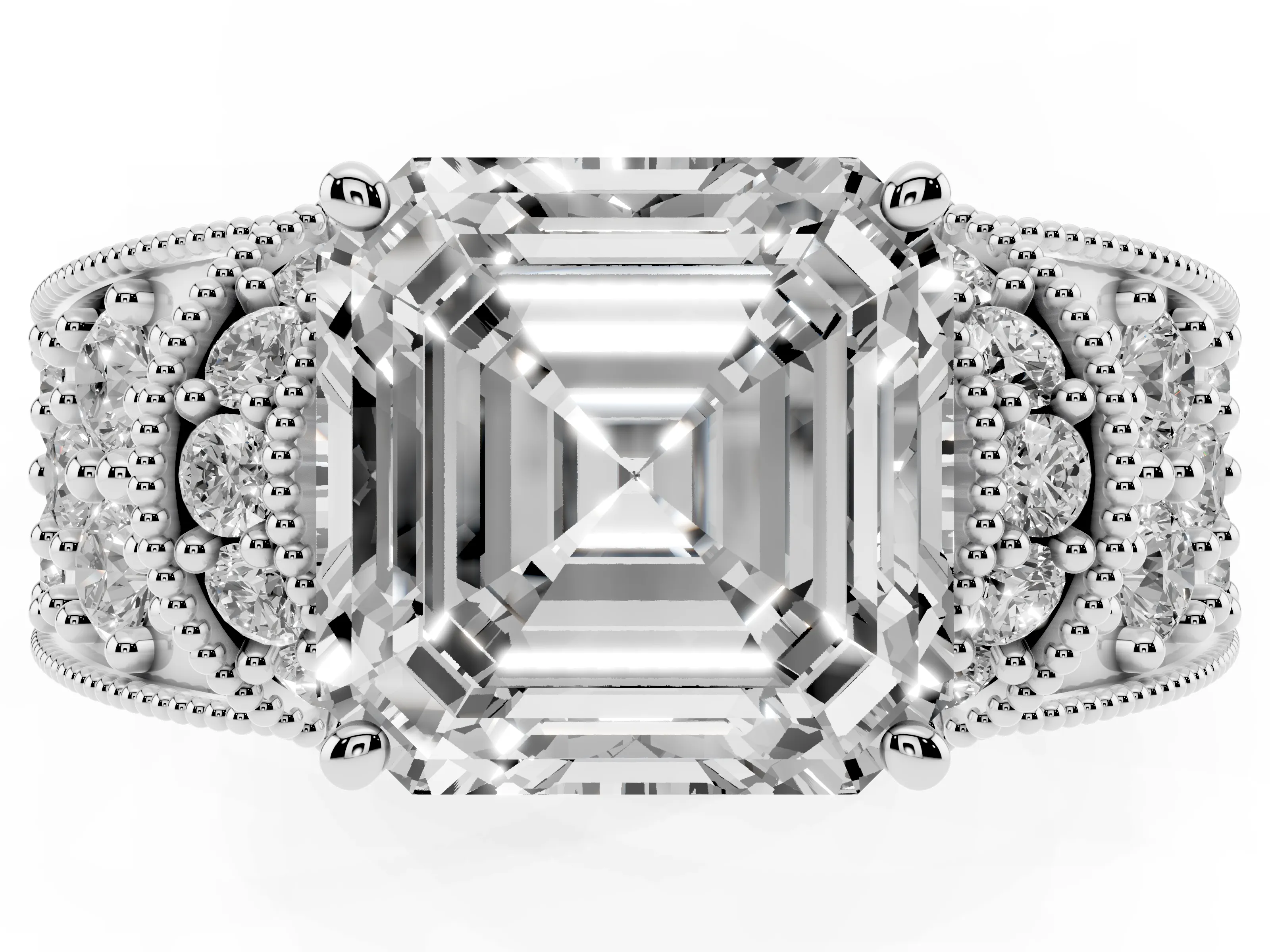 Asscher Cut Diamond Milgrain Halo Pavé Engagement Ring Set in Silver with Prong Setting