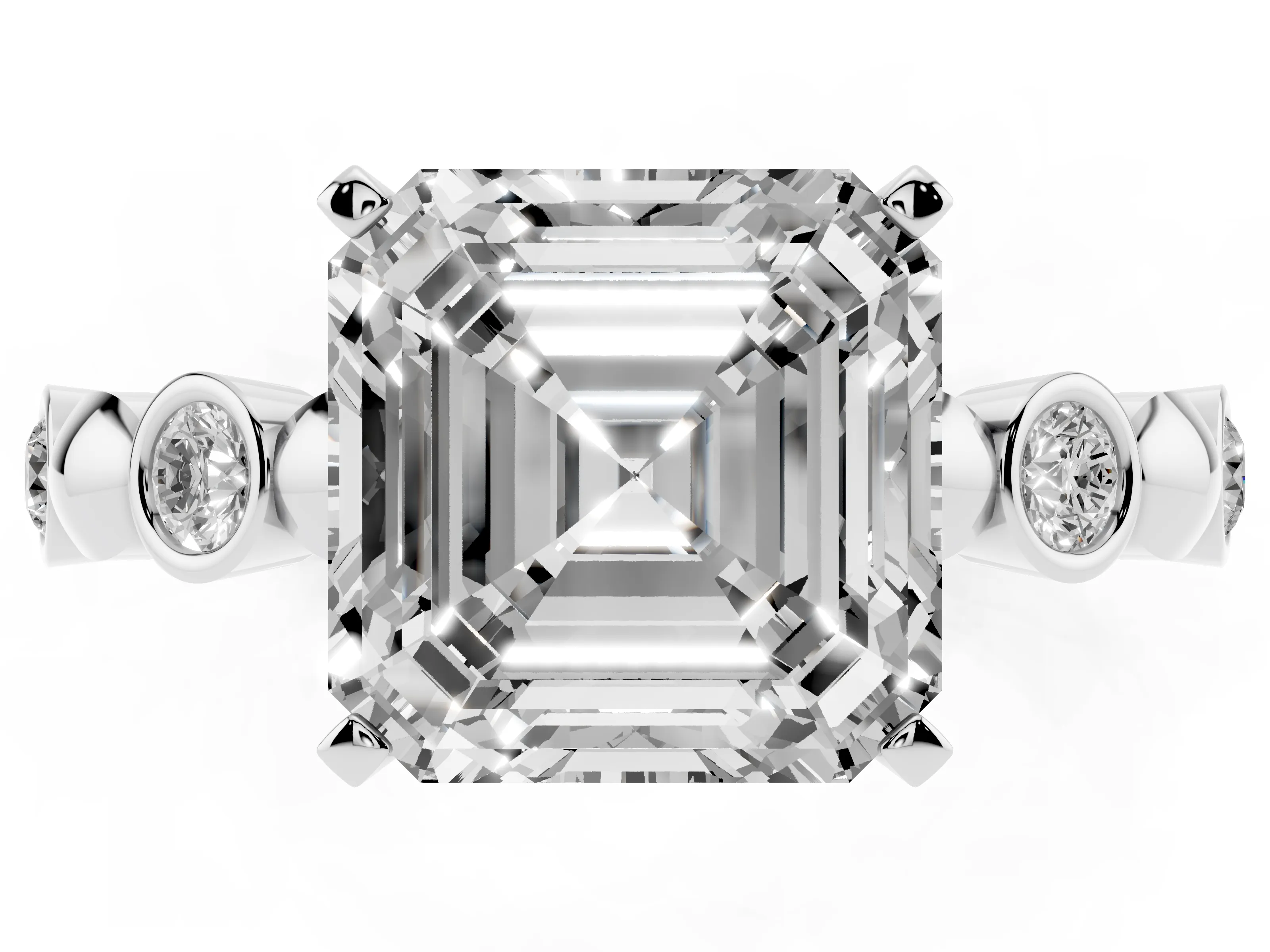 Asscher Cut Diamond Solitaire Ring Set in Silver with Bezel-Set Accents on Beaded Band and Prong Setting