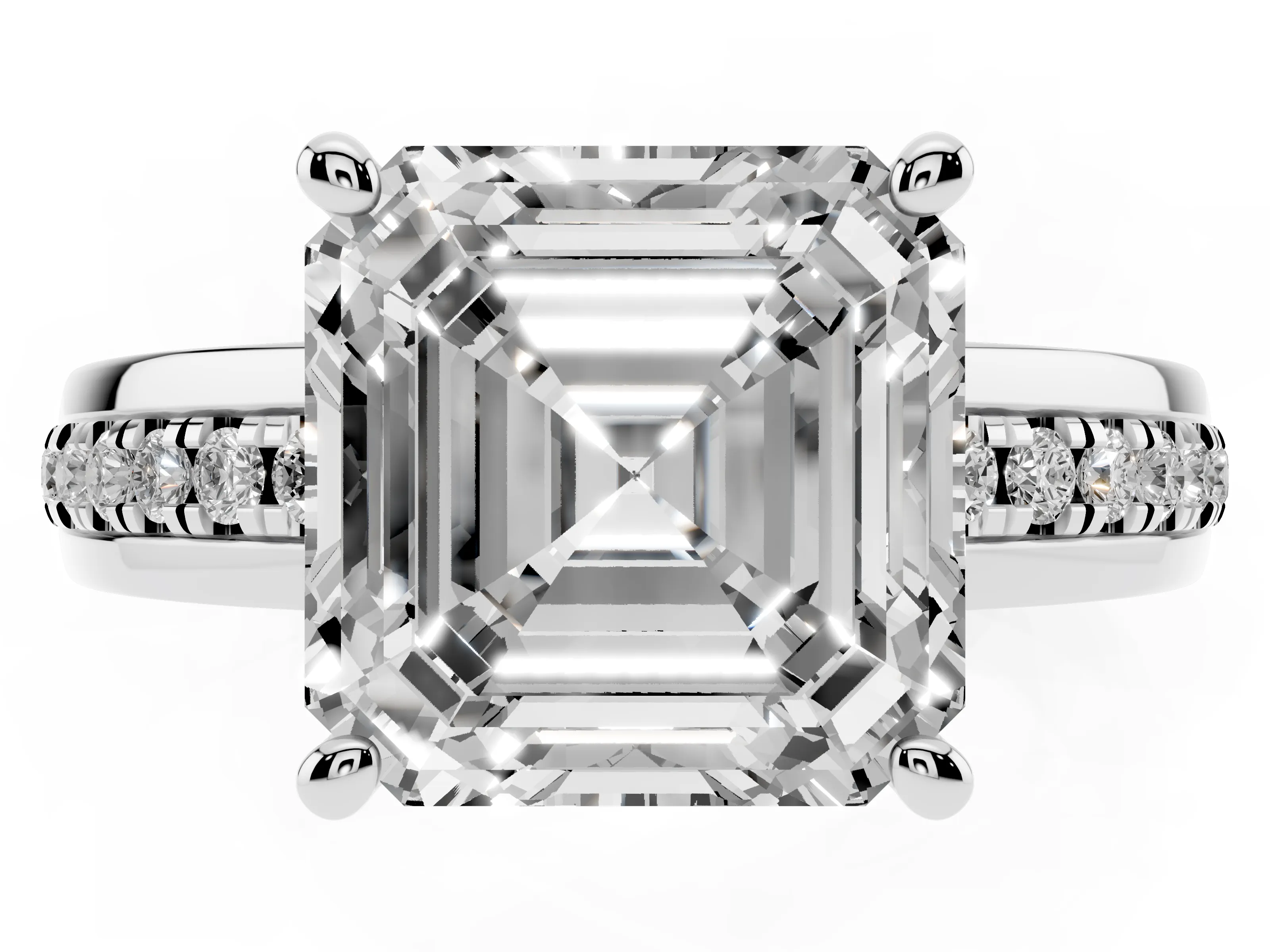Asscher Cut Diamond Solitaire Ring Set in White gold with Channel Set Band and Prong Setting