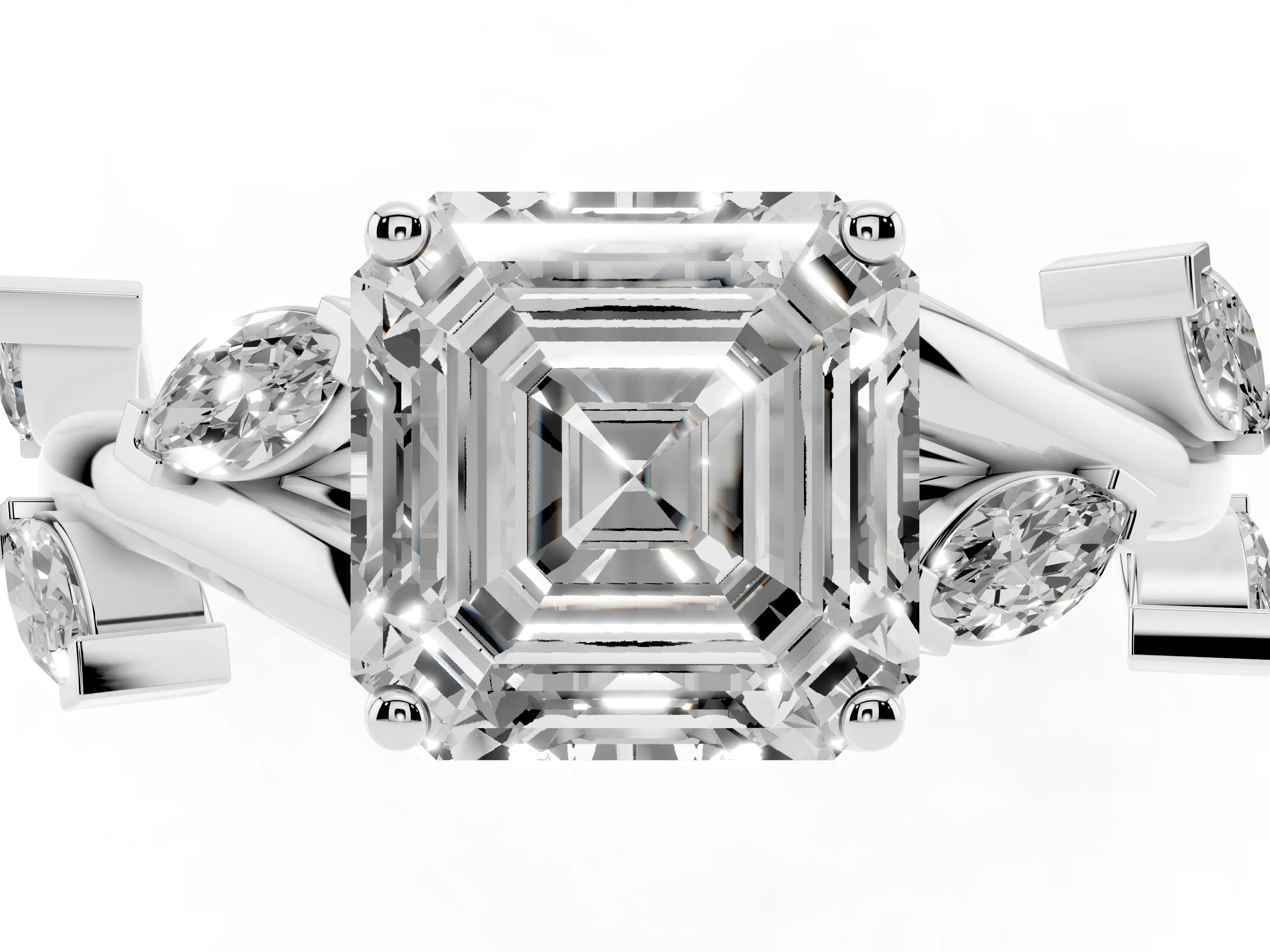 Asscher Cut Diamond Solitaire Ring Set in White gold with Twisted Marquise Accent Band