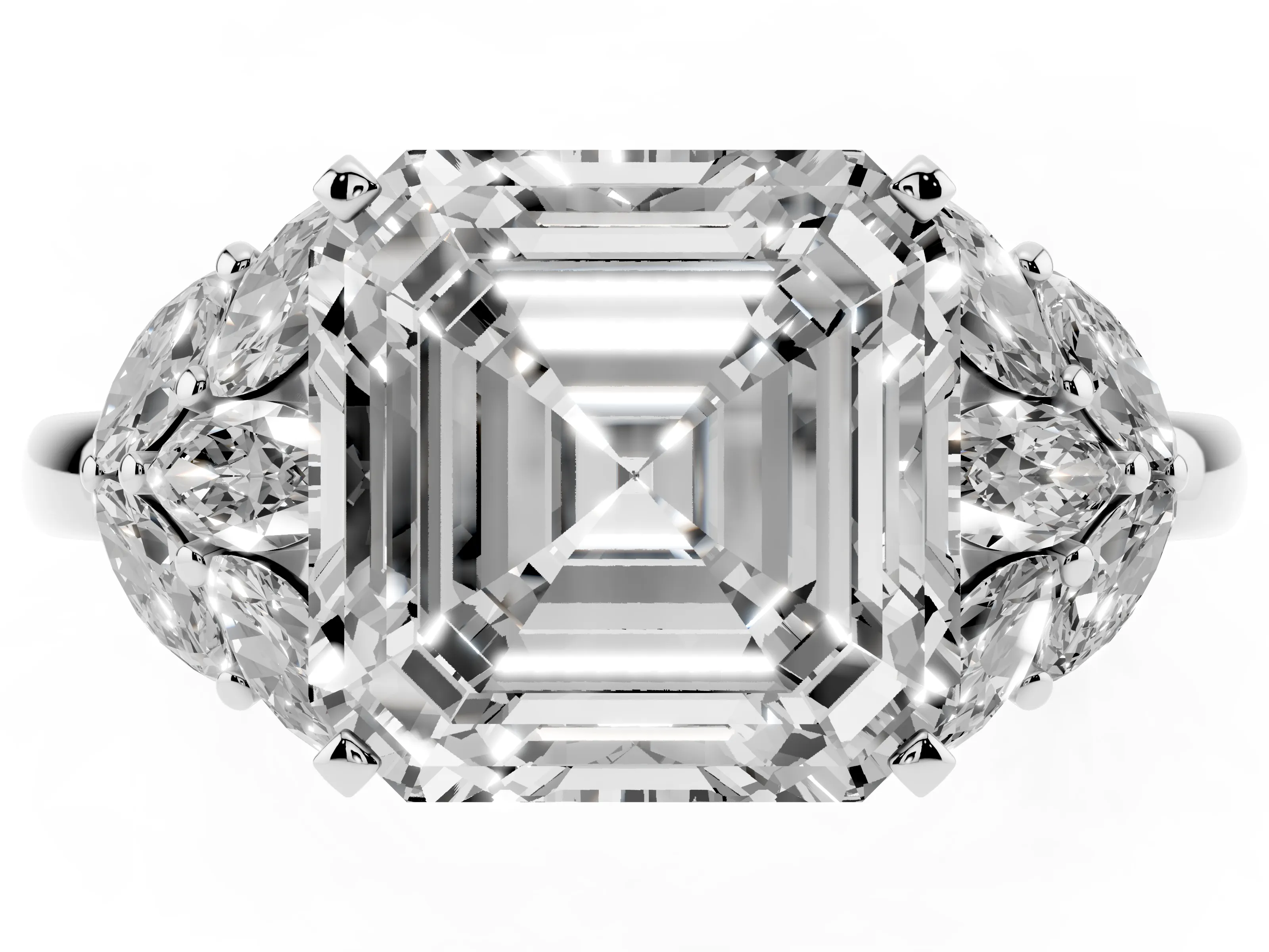 Asscher Cut Diamond Cluster Leaf Design Ring Set in Platinum with Prong Setting