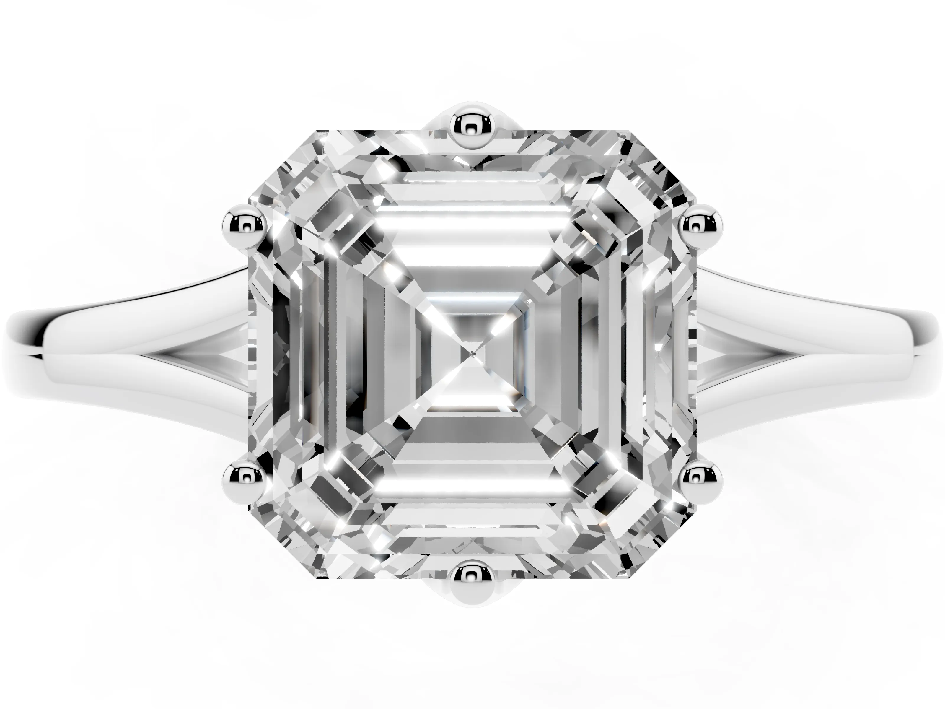 Asscher Cut Diamond Solitaire Ring Set in Silver with Polished Tapered Band and Prong Setting