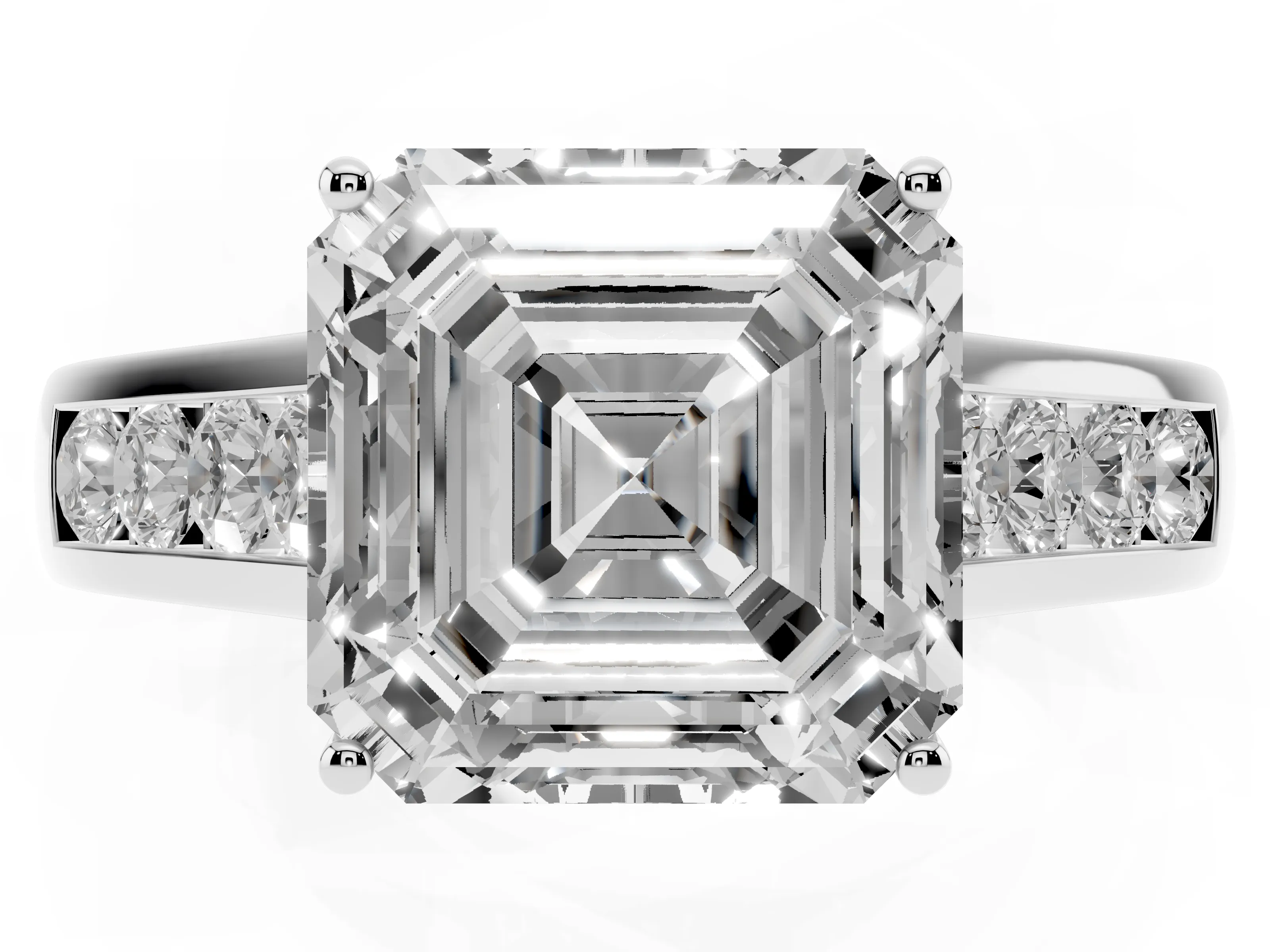 Asscher Cut Diamond Brilliant Channel-Set Solitaire Ring Set in White gold with Prong Setting