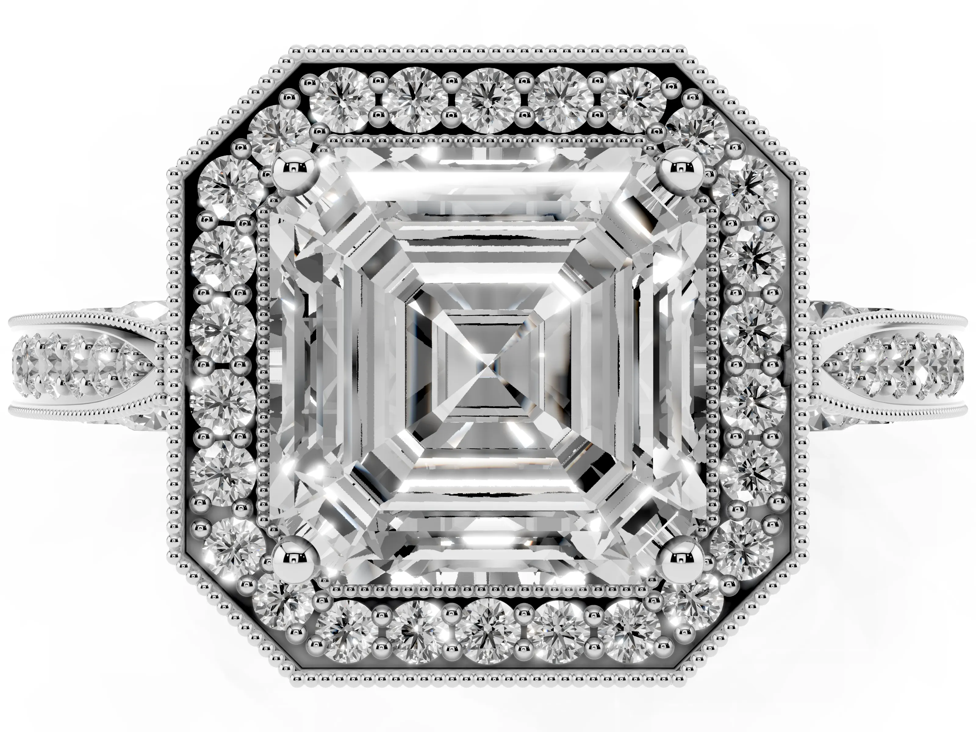 Asscher Cut Diamond Halo Engagement Ring Set in White gold with Accent Split Shank Band