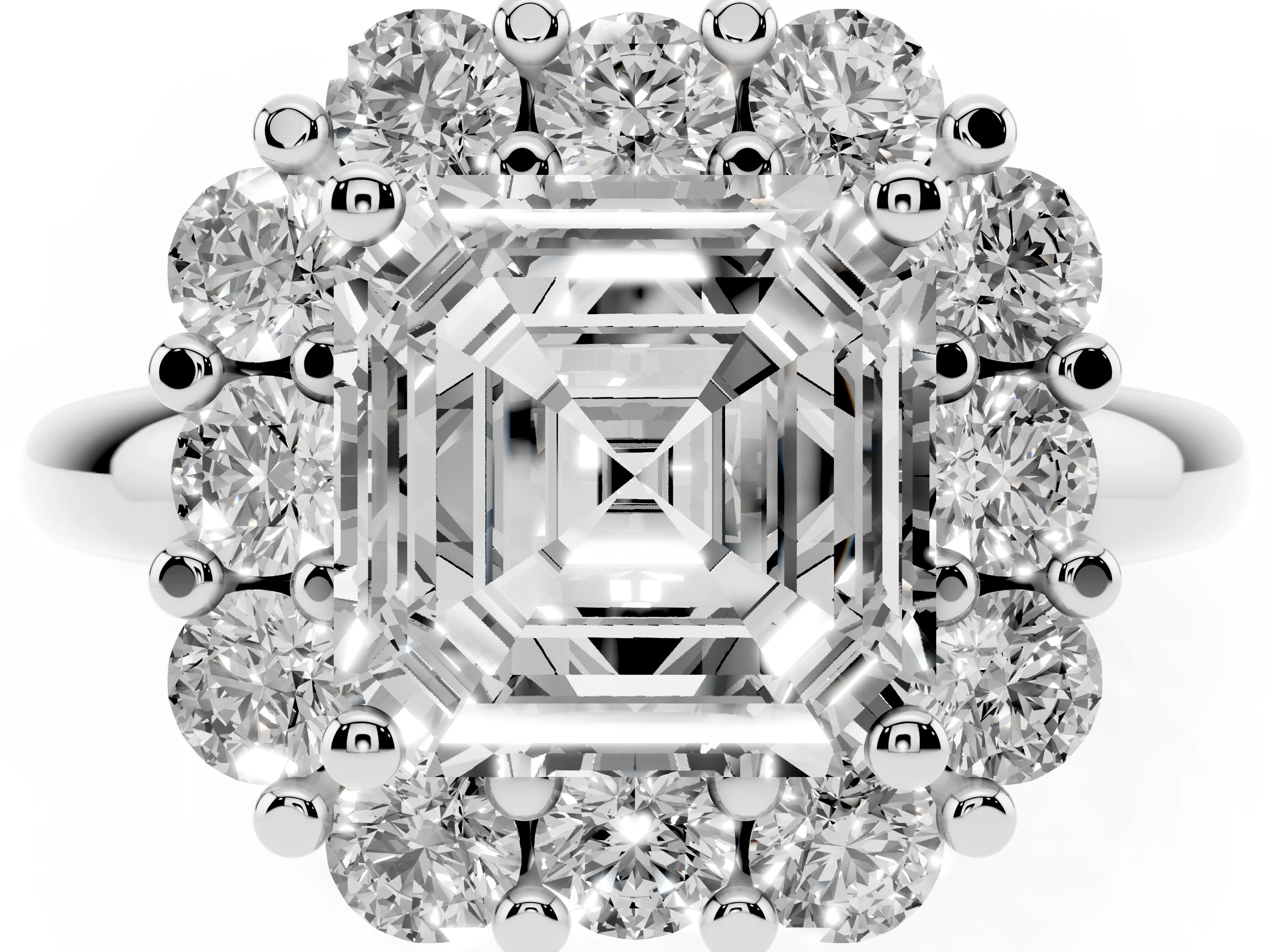Asscher Cut Diamond Halo Cluster Engagement Ring Set in Silver with Polished Band and Prong Setting