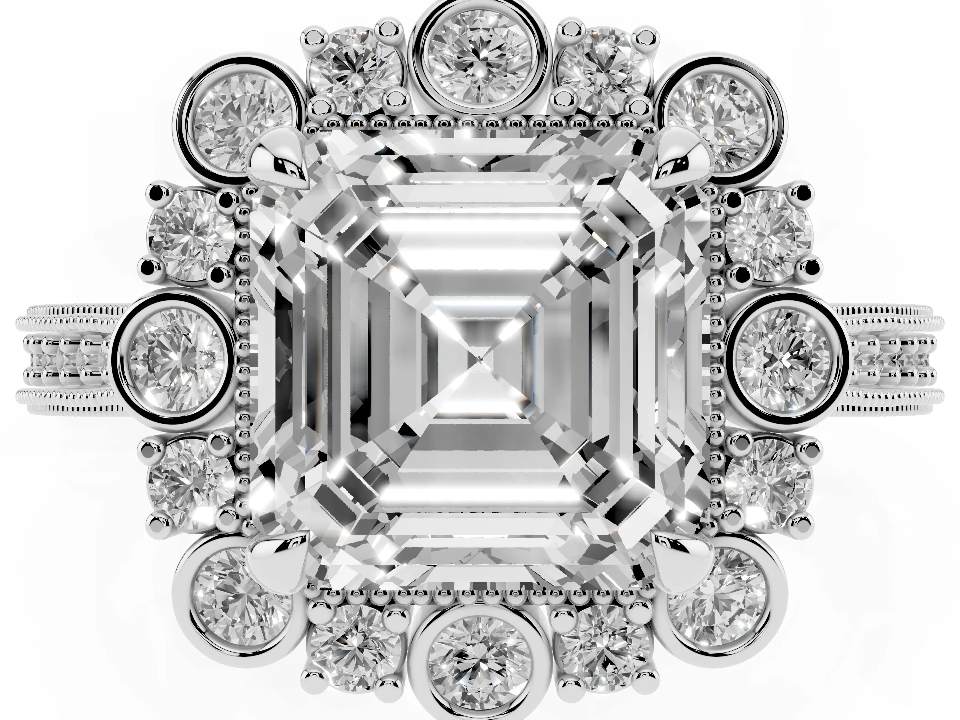 Asscher Cut Diamond Halo Milgrain Pavé Ring Set in White gold with Prong Setting