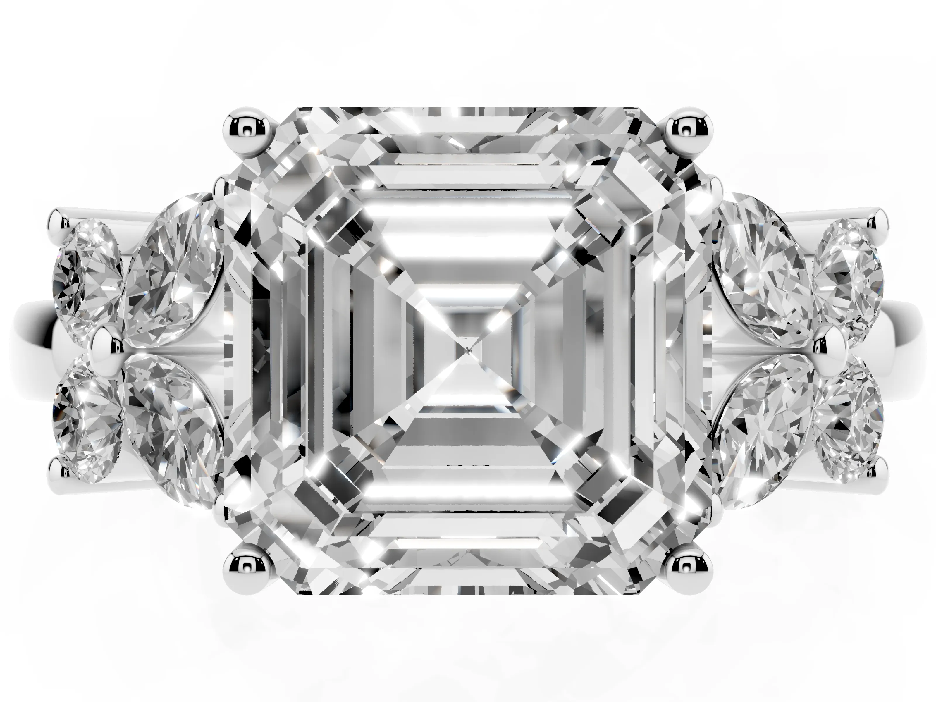 Asscher Cut Diamond Floral Cluster Ring Set in Silver with Marquise Petals and Prong Setting