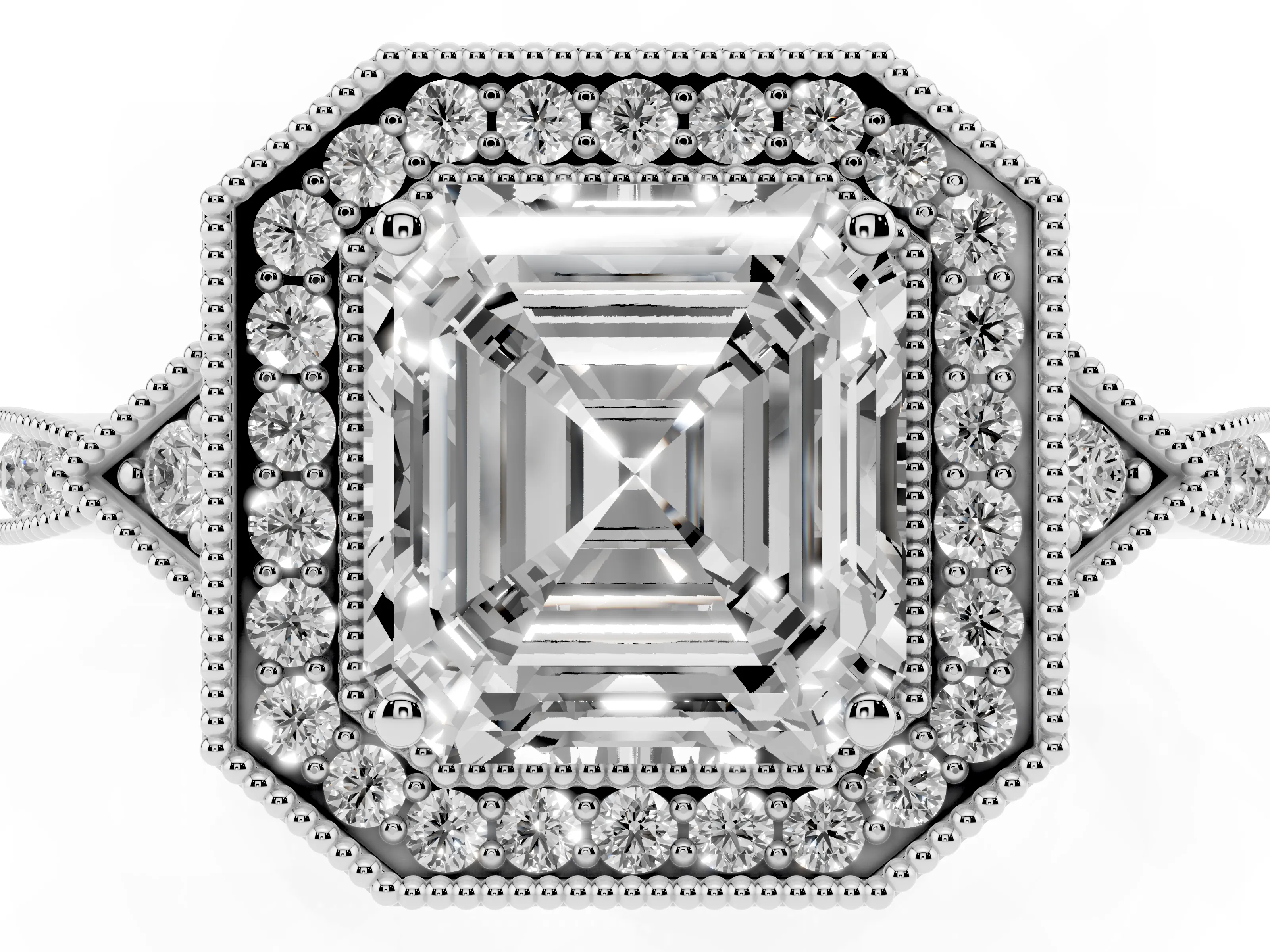 Asscher Cut Diamond Halo Engagement Ring Set in White gold with Milgrain Pavé Band