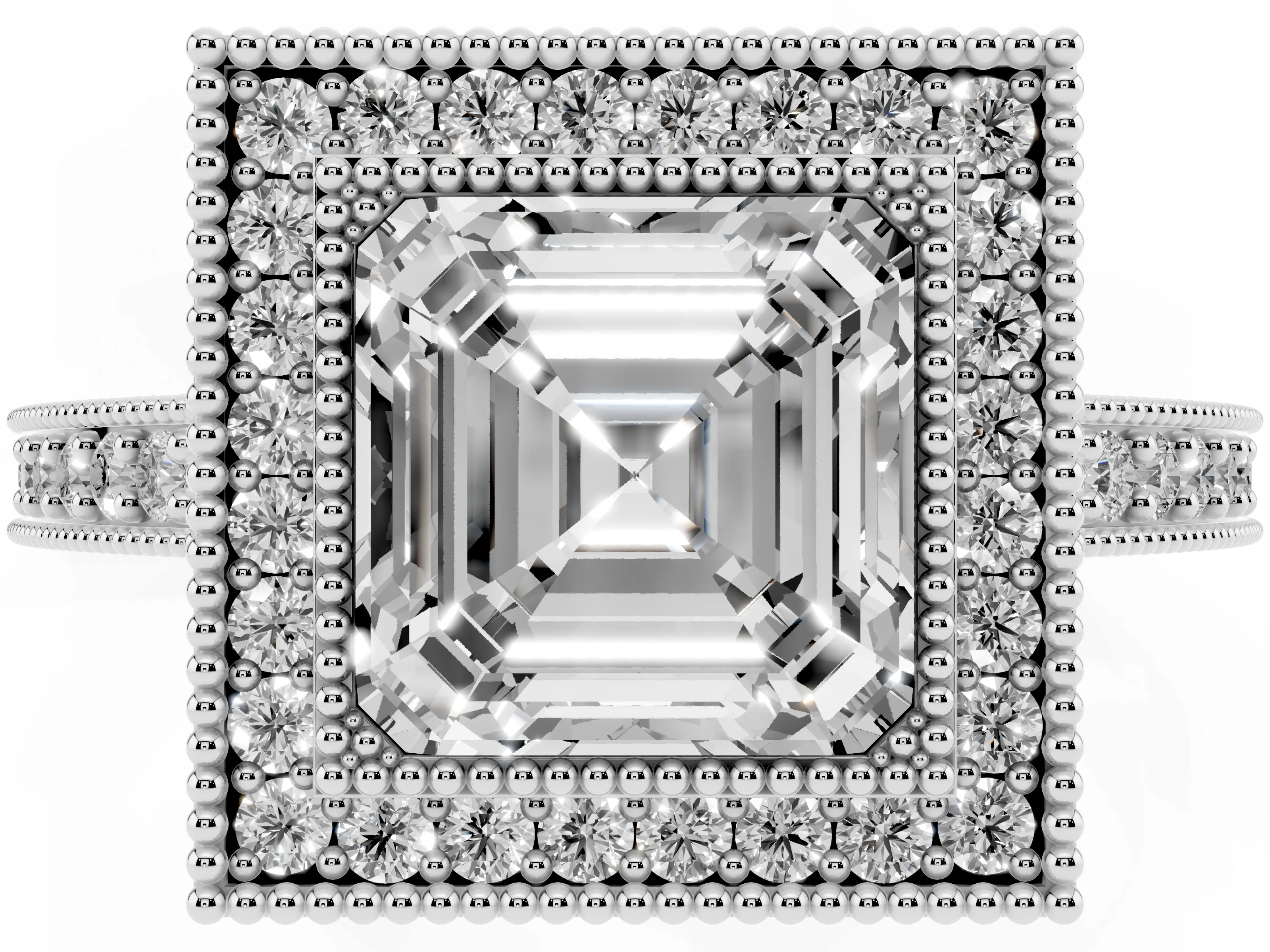 Asscher Cut Diamond Halo Engagement Ring Set in Platinum with Pavé Band and Round Halo Stones