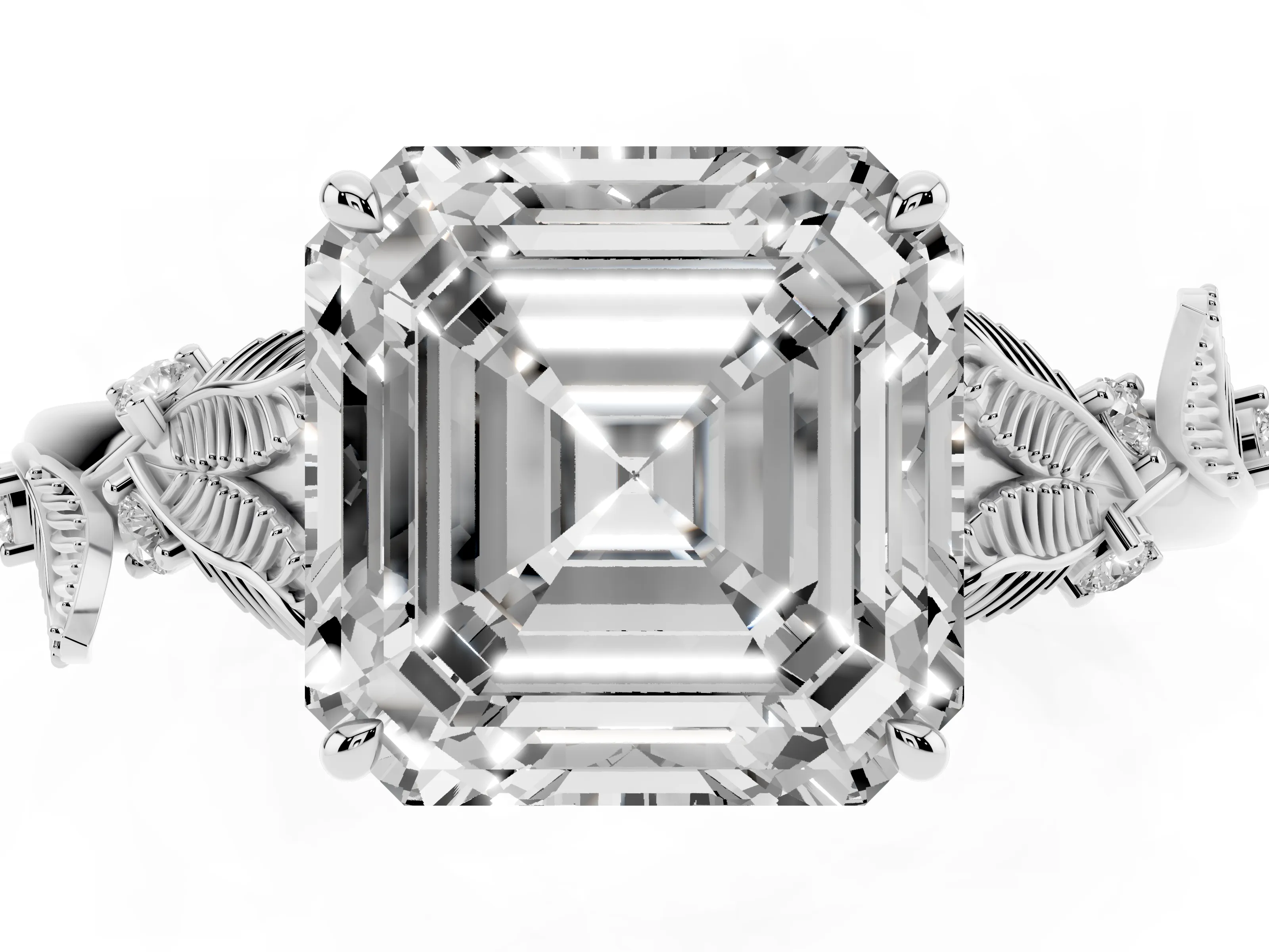 Asscher Cut Diamond Solitaire Ring Set in Silver with Leaf Motif Band