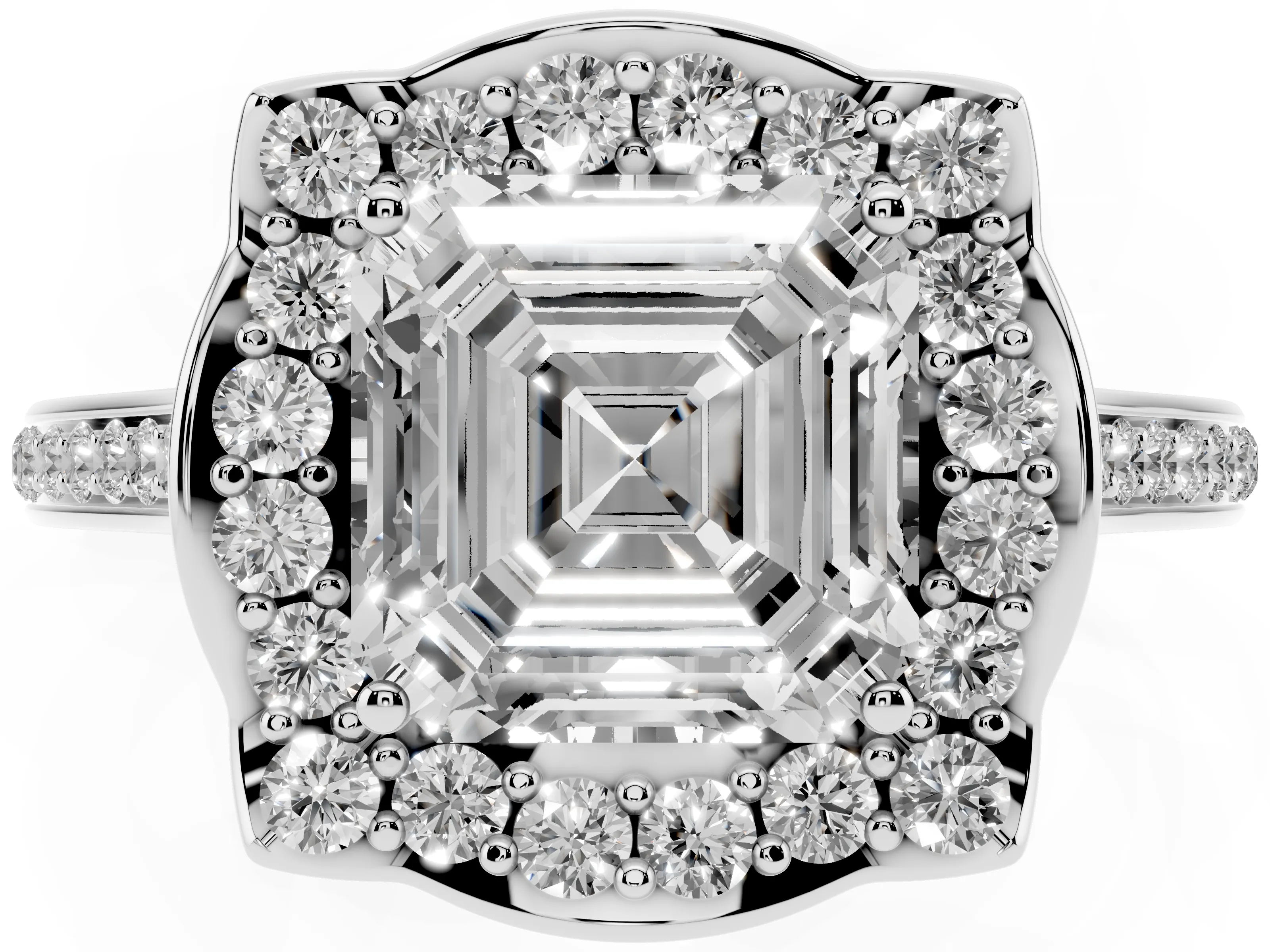 Asscher Cut Diamond Halo Ring Set in Silver with Pavé-Lined Shoulders and Prong Setting