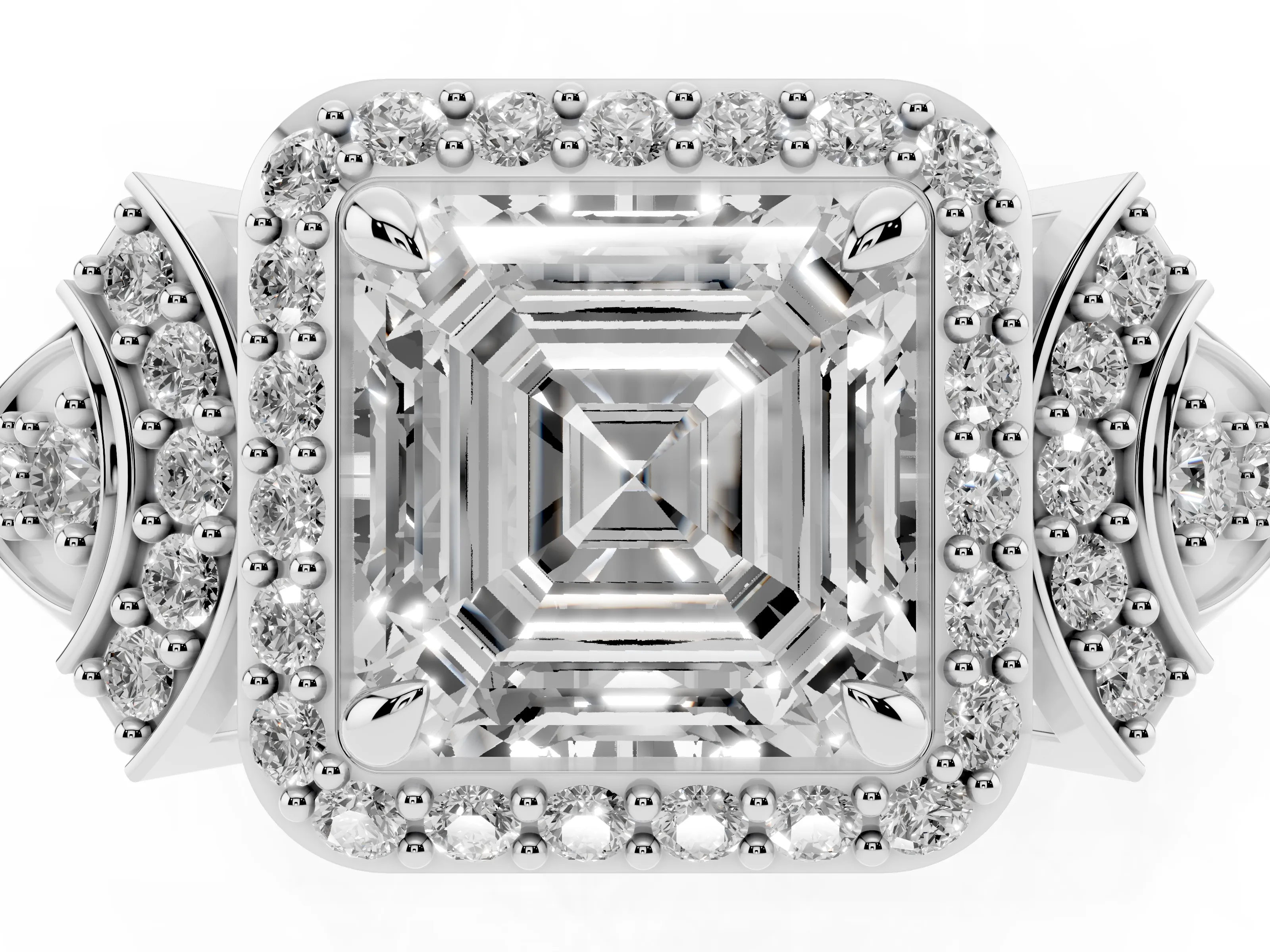Asscher Cut Diamond Halo Engagement Ring Set in Platinum with Accent Stone Split Shank