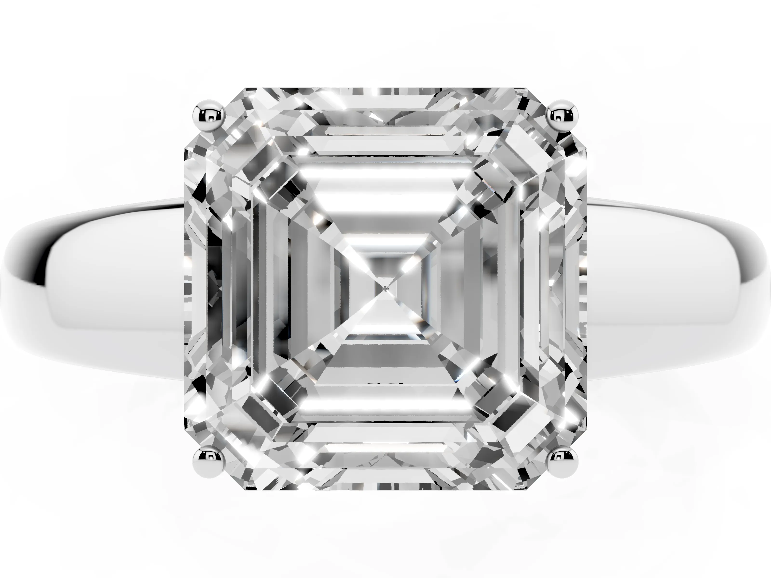 Asscher Cut Diamond Solitaire Ring Set in White gold with Tapered Band and Prong Setting