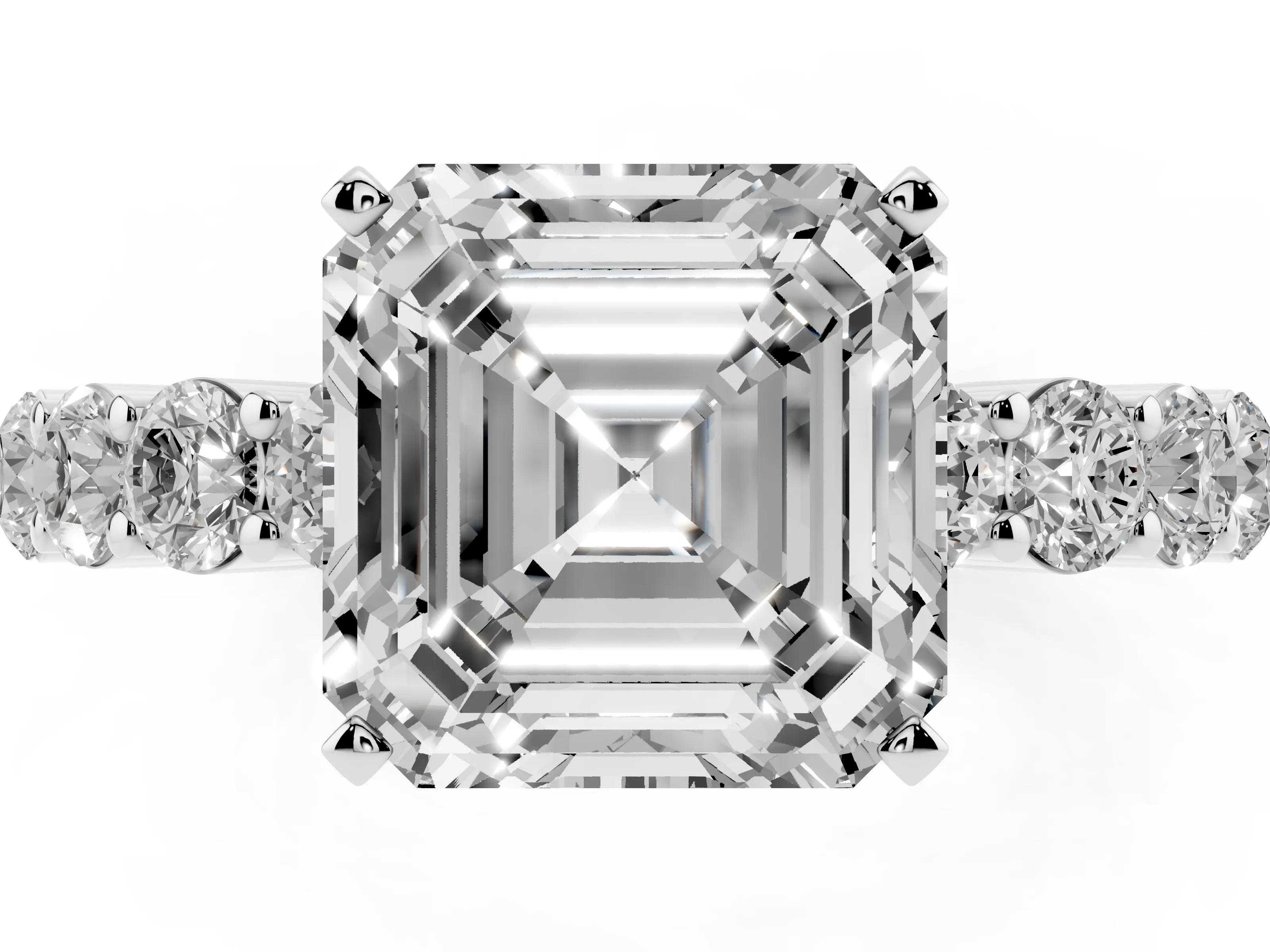 Asscher Cut Diamond Solitaire Ring Set in Silver with Shared Prong Round Side Stones