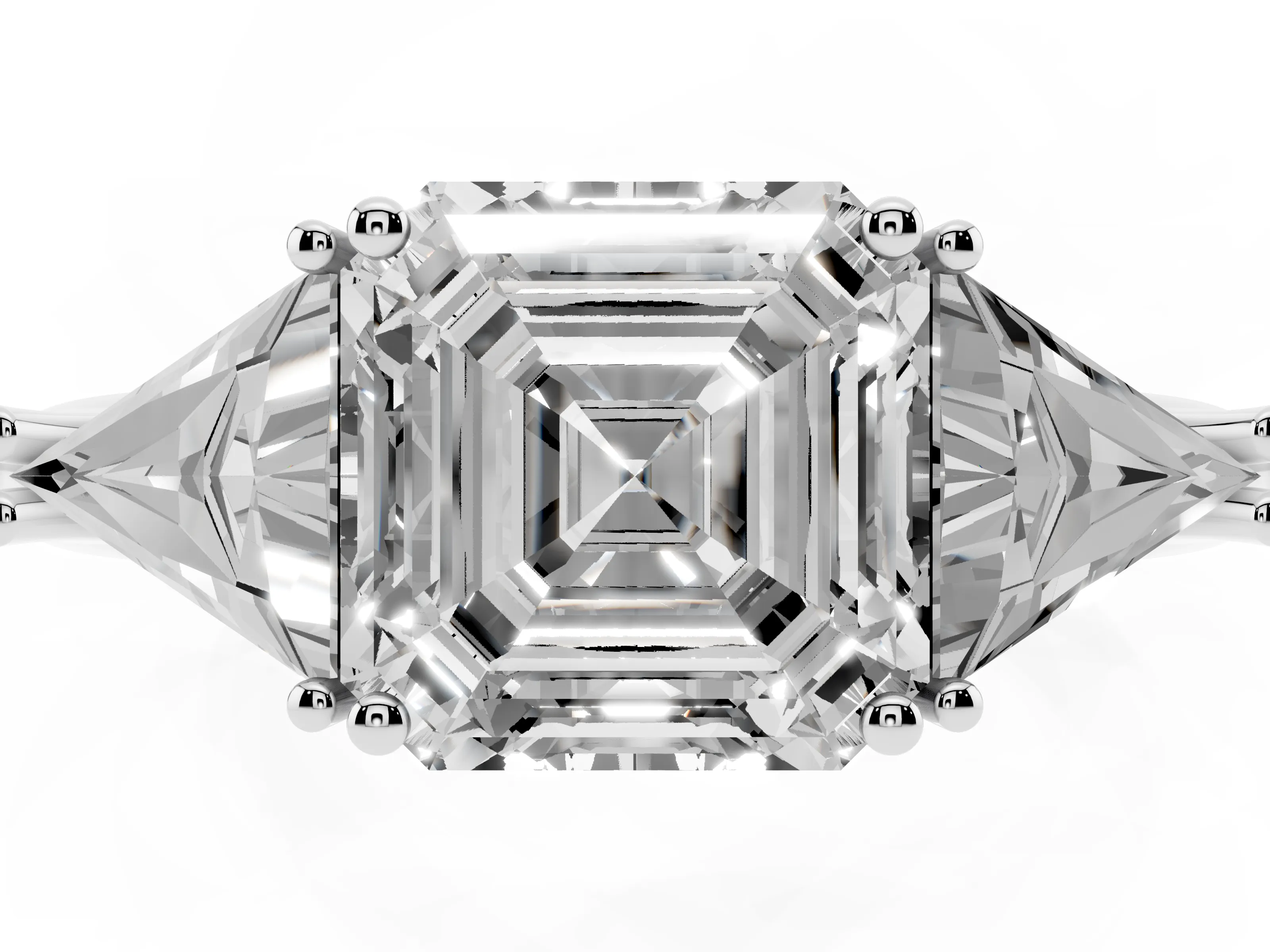 Asscher Cut Diamond Three-Stone Engagement Ring Set in Platinum with Trillion Side Stones