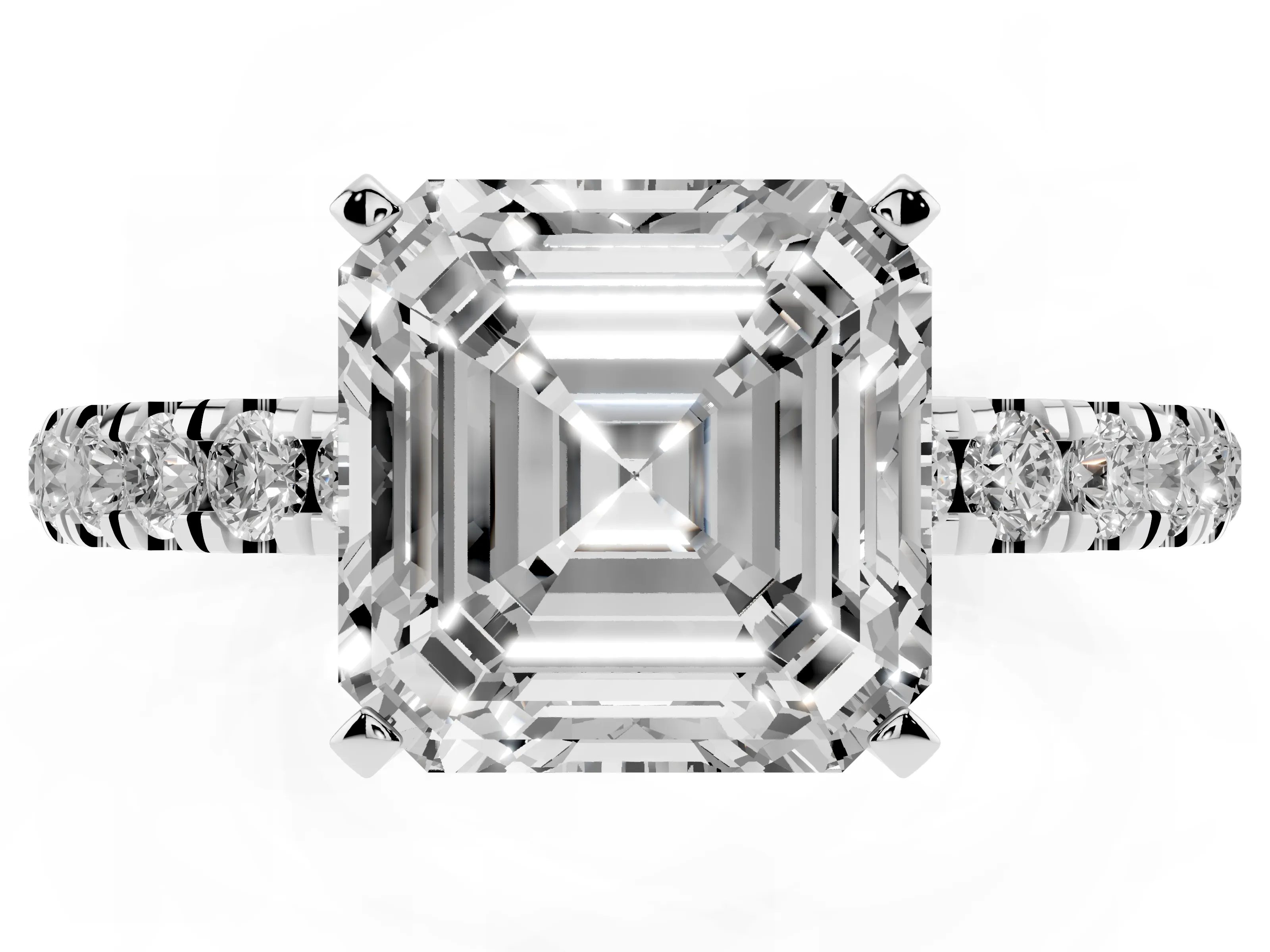 Asscher Cut Diamond Solitaire Ring Set in Platinum with Pavé Accents and Prong Setting