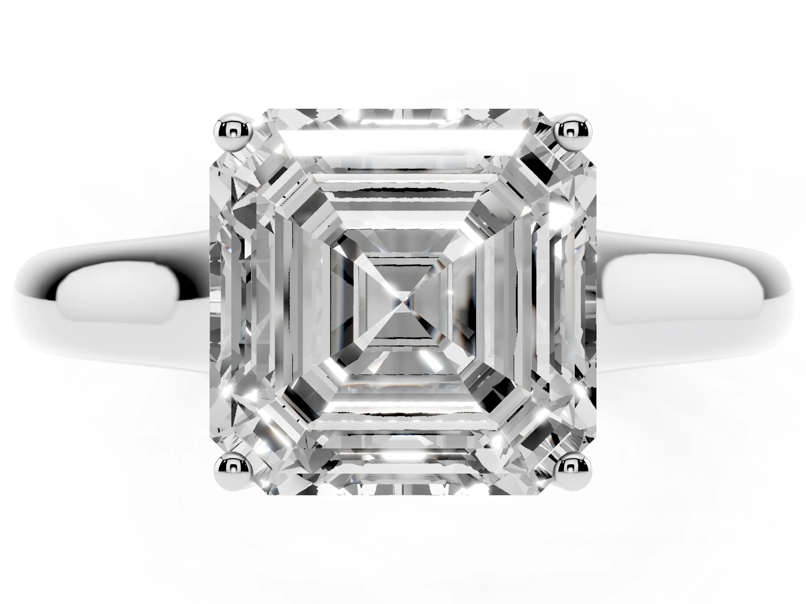 Asscher Cut Diamond Solitaire Engagement Ring Set in Platinum with Subtly Tapered Band and Prong Setting