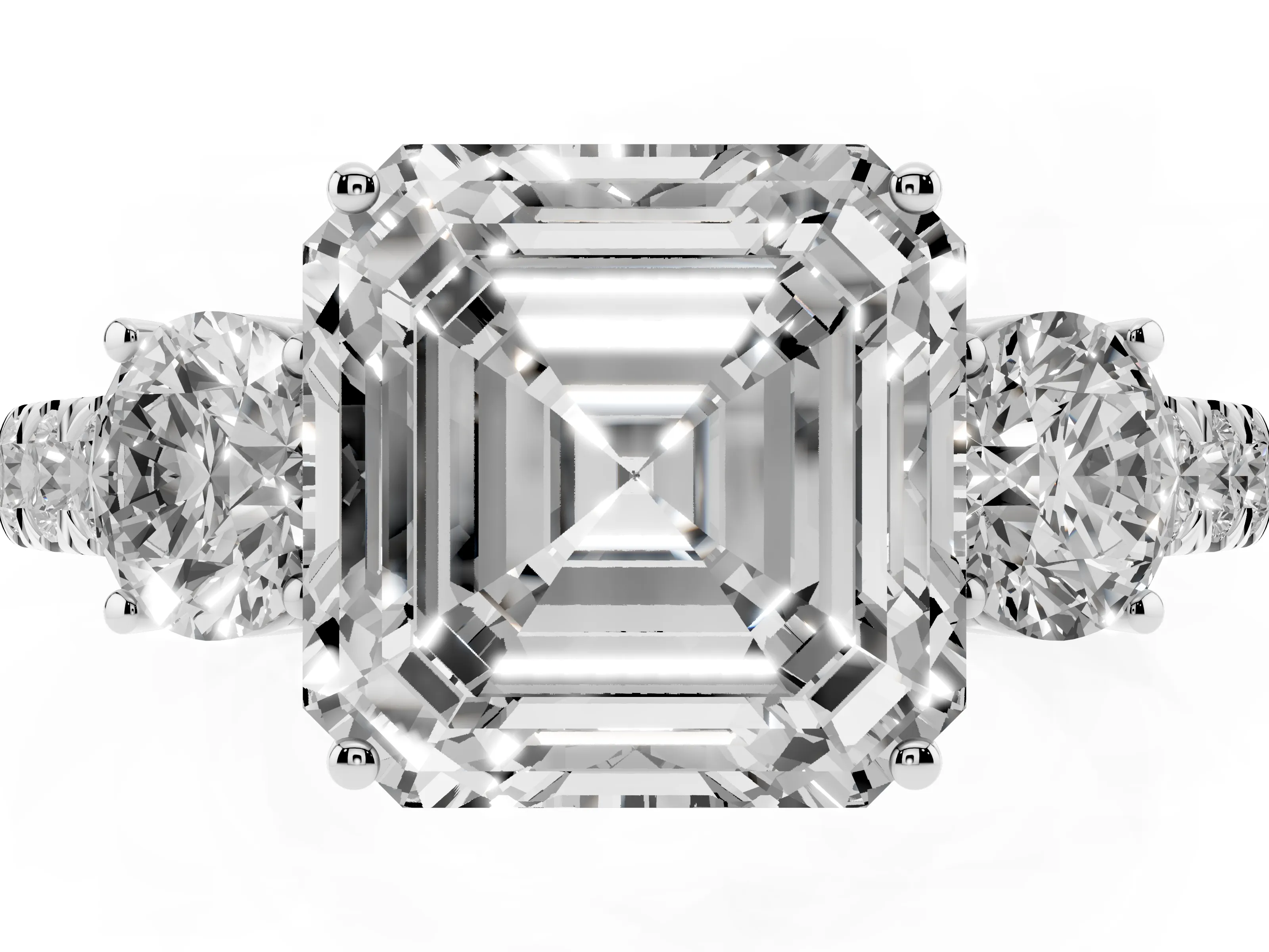 Asscher Cut Diamond Three-Stone Ring Set in White gold with Round Side Stones and Delicate Pavé Band