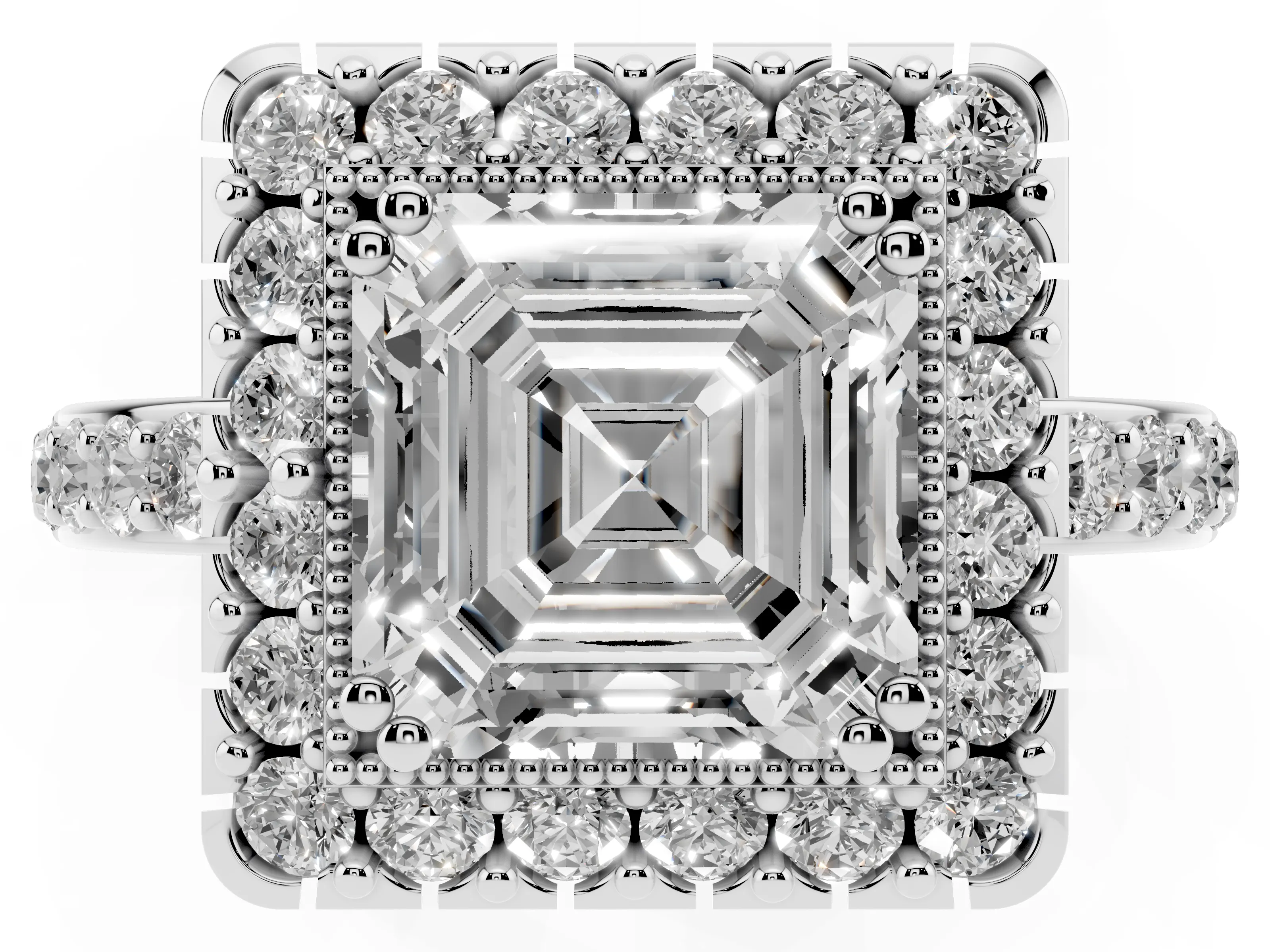 Asscher Cut Diamond Halo Ring Set in White gold with Pavé Shank and Prong Setting