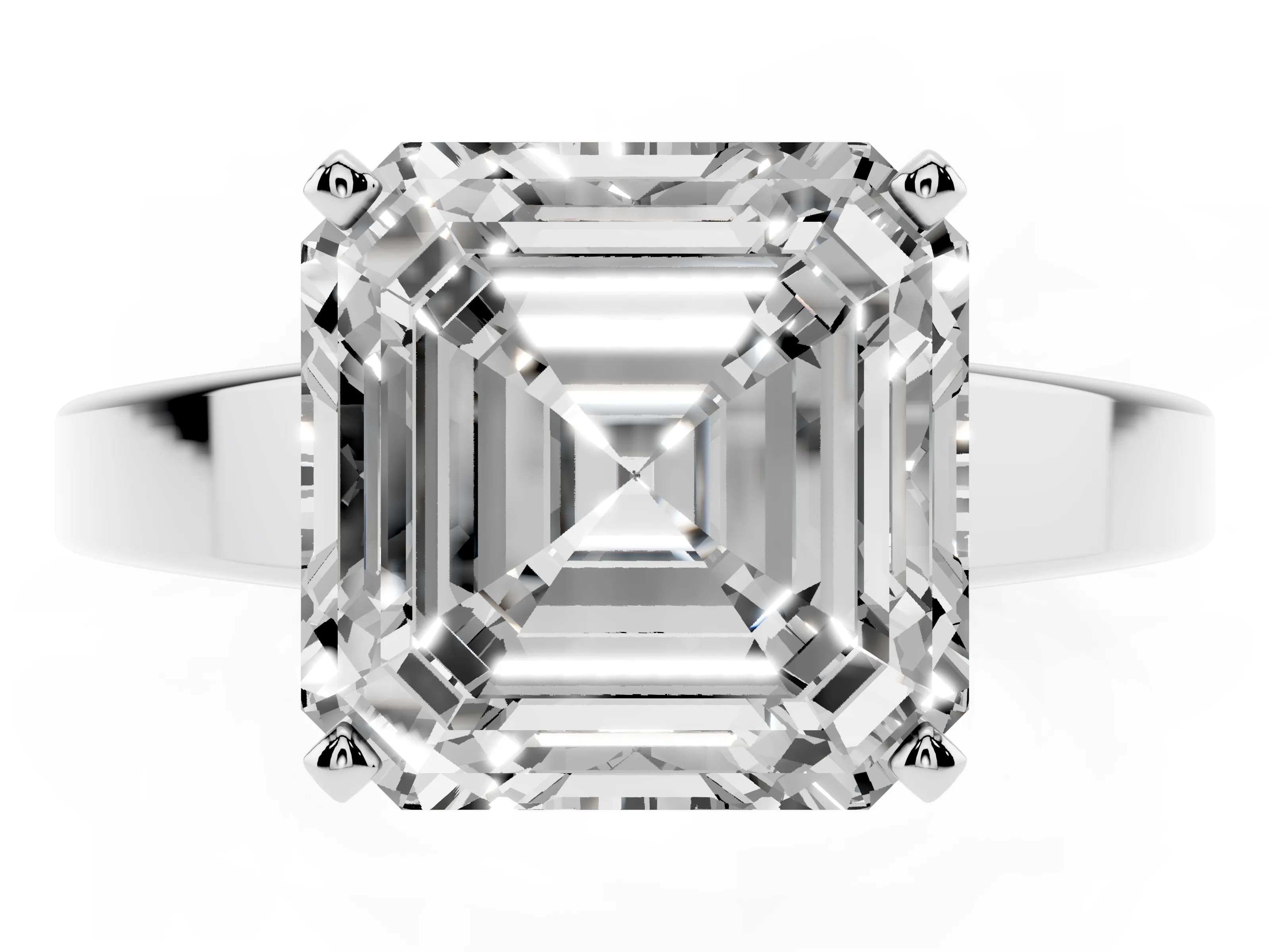 Asscher Cut Diamond Solitaire Engagement Ring Set in White gold with Prong Setting and Tapered Band