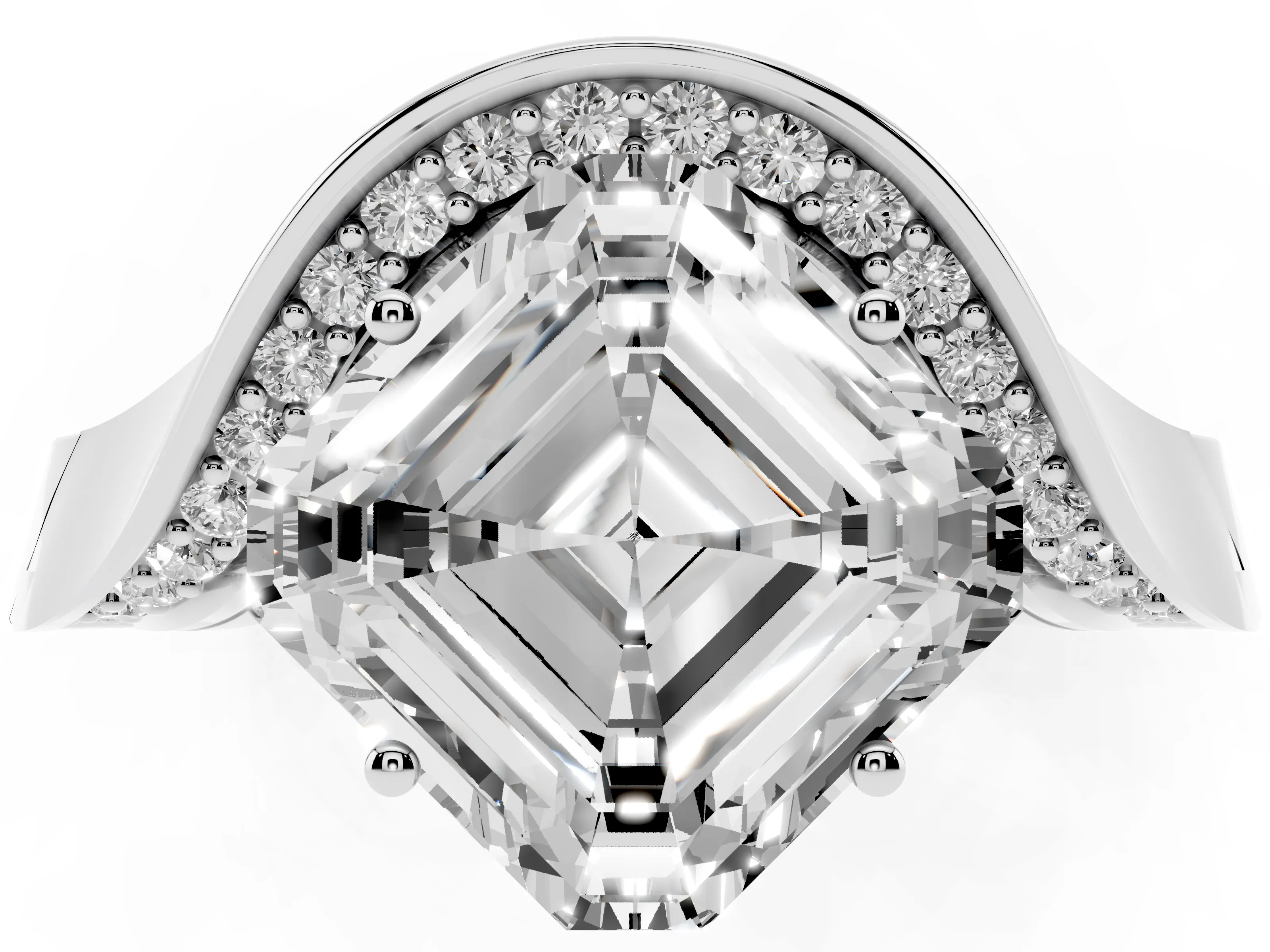 Asscher Cut Diamond Solitaire Engagement Ring Set in White gold with Pavé Shoulders