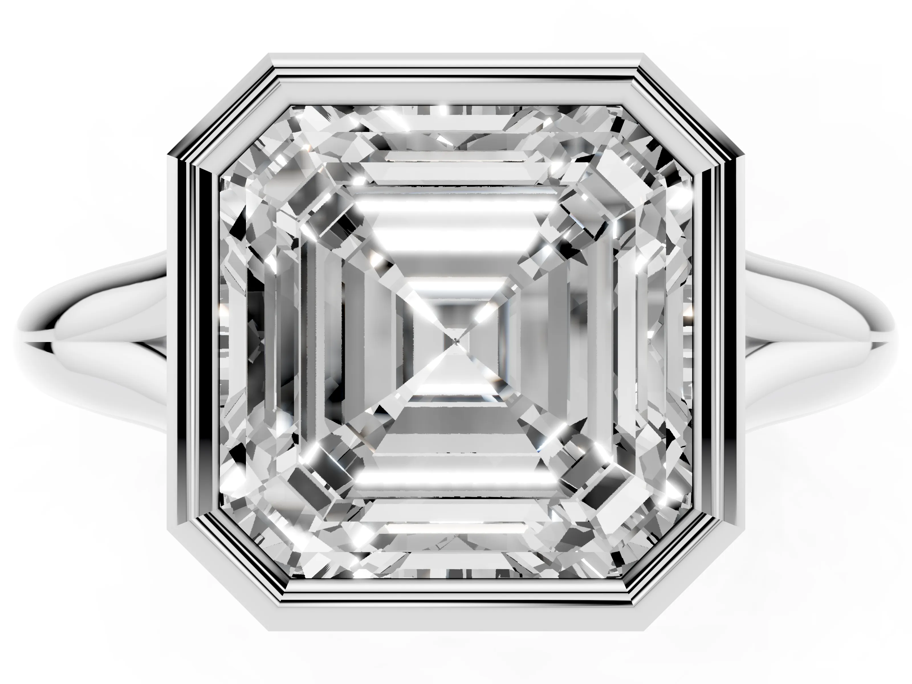 Bezel Set Asscher Cut Diamond Solitaire Ring Set in Platinum with Smooth Band