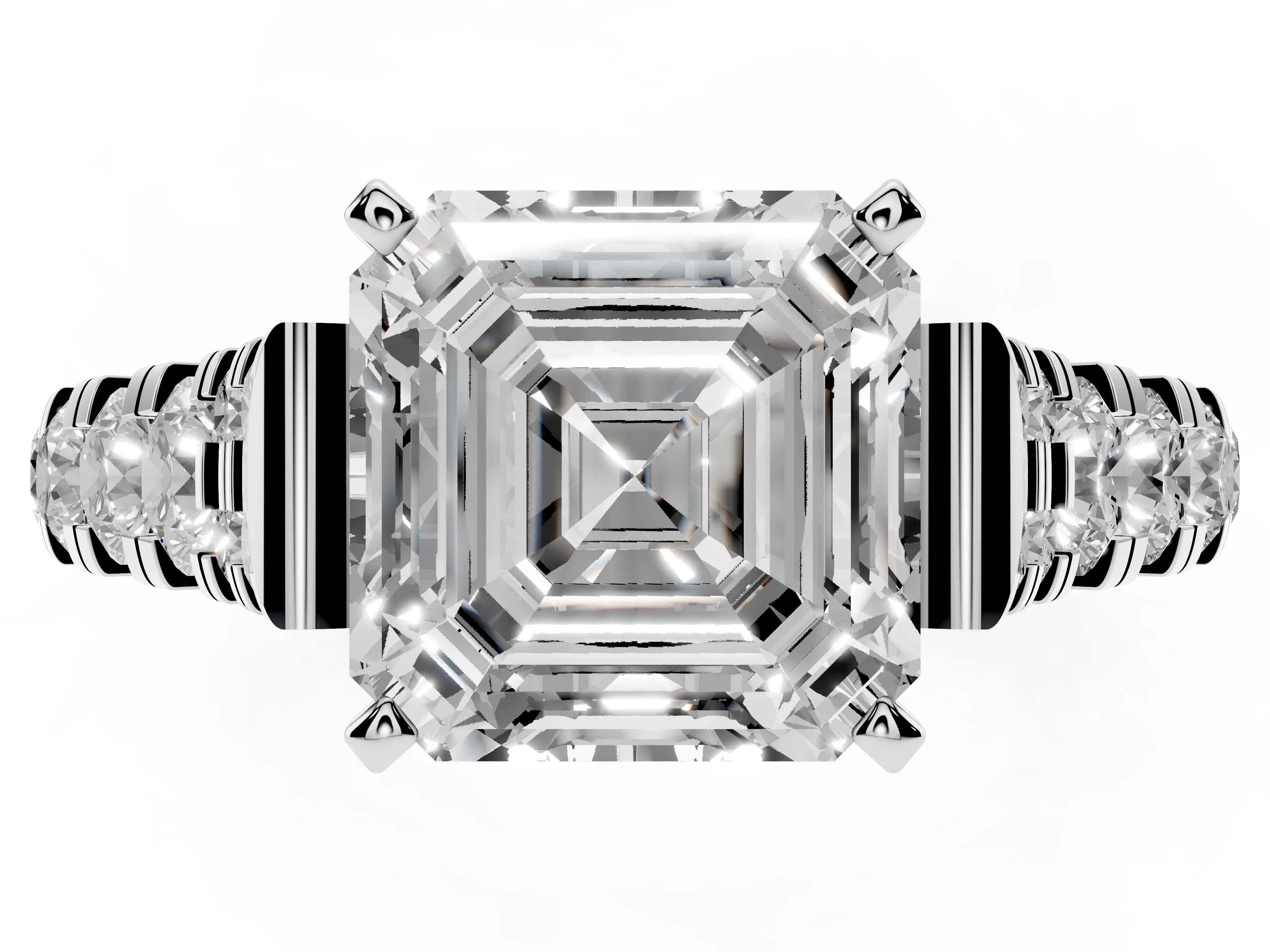 Asscher Cut Diamond Classic Solitaire Ring Set in Platinum with Pavé Band and Prong Setting