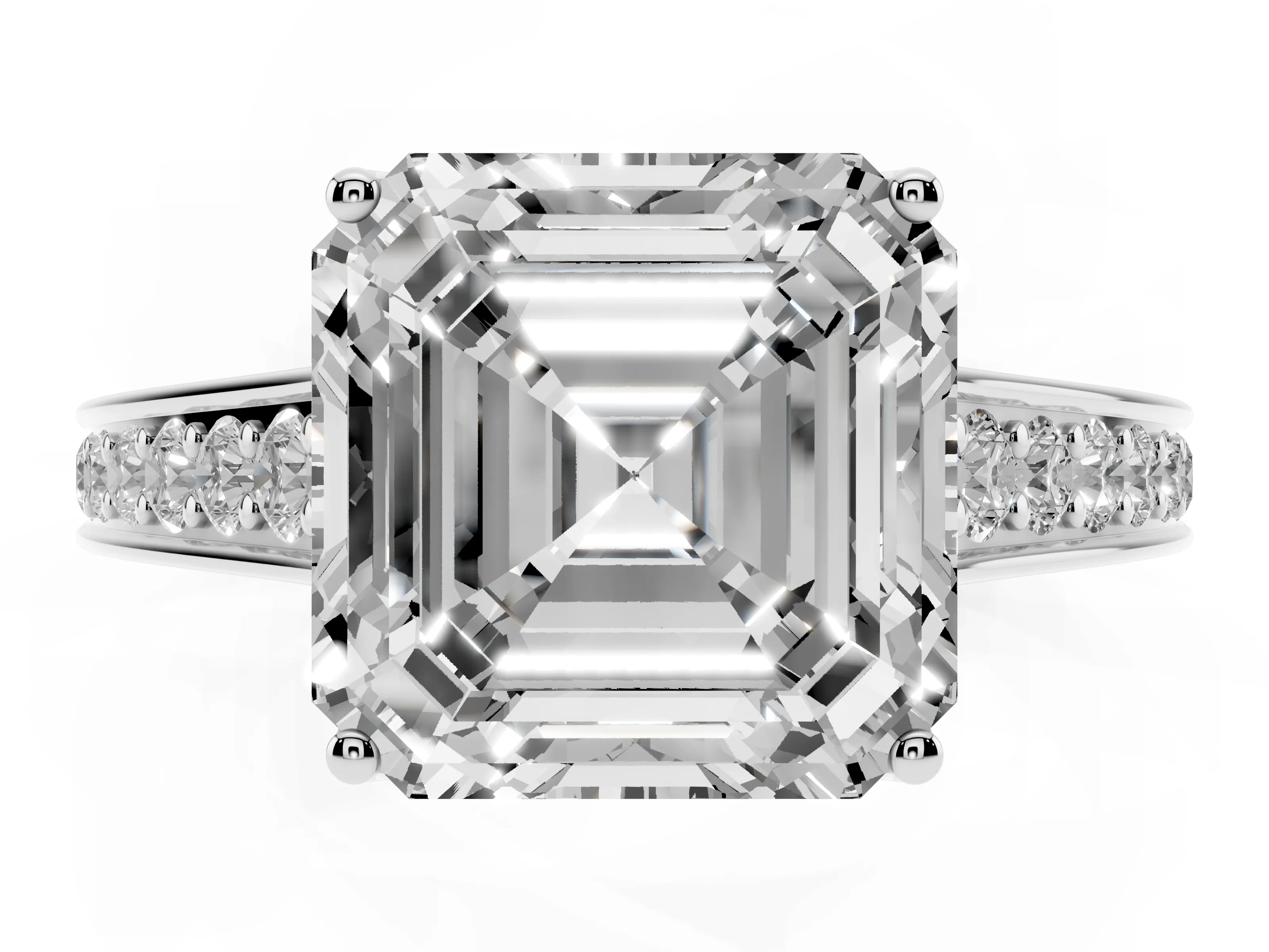 Asscher Cut Diamond Solitaire Pavé Engagement Ring Set in White gold with Prong Setting