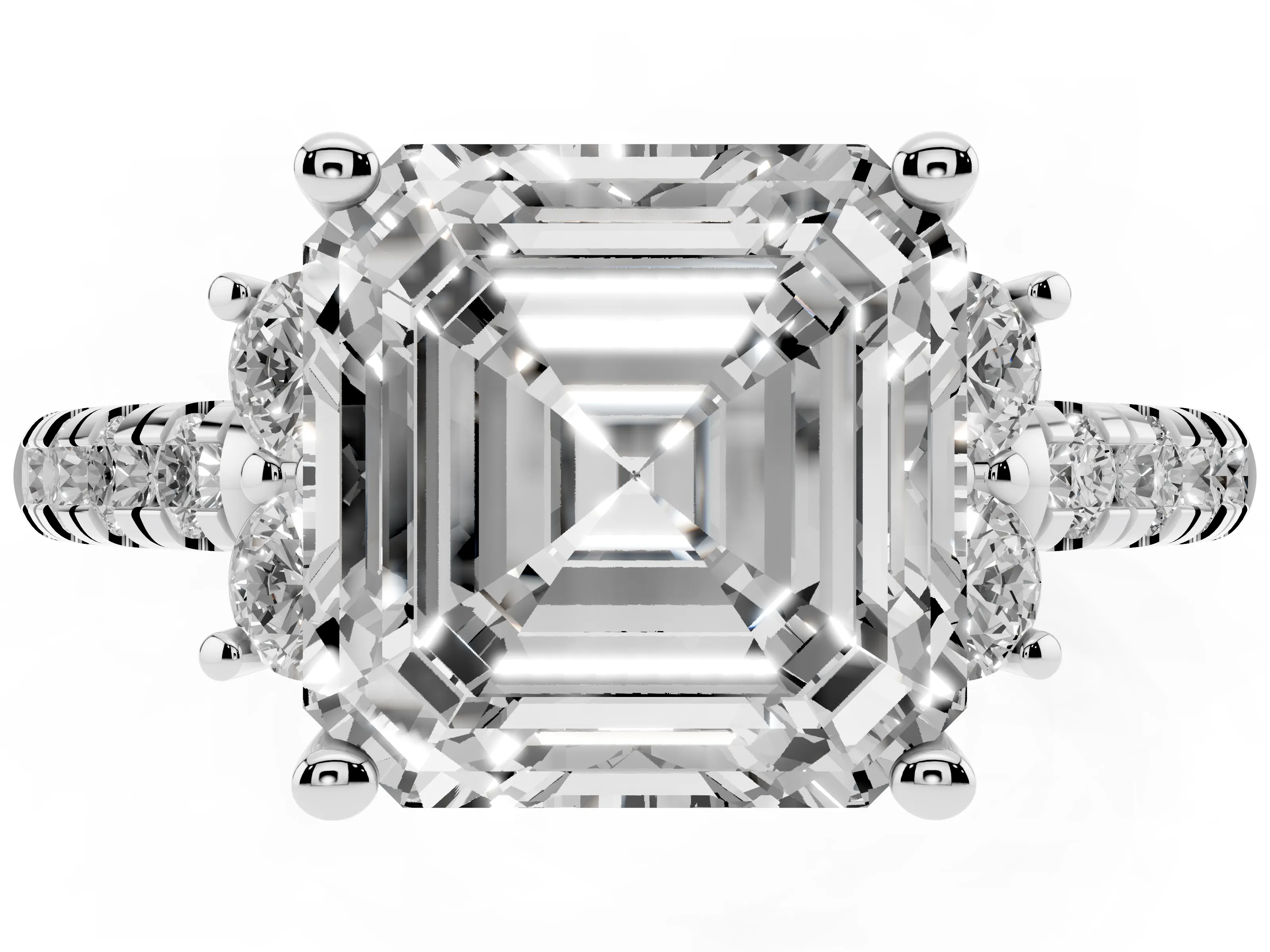 Asscher Cut Diamond Three-Stone Pavé Ring Set in Silver with Prong Setting