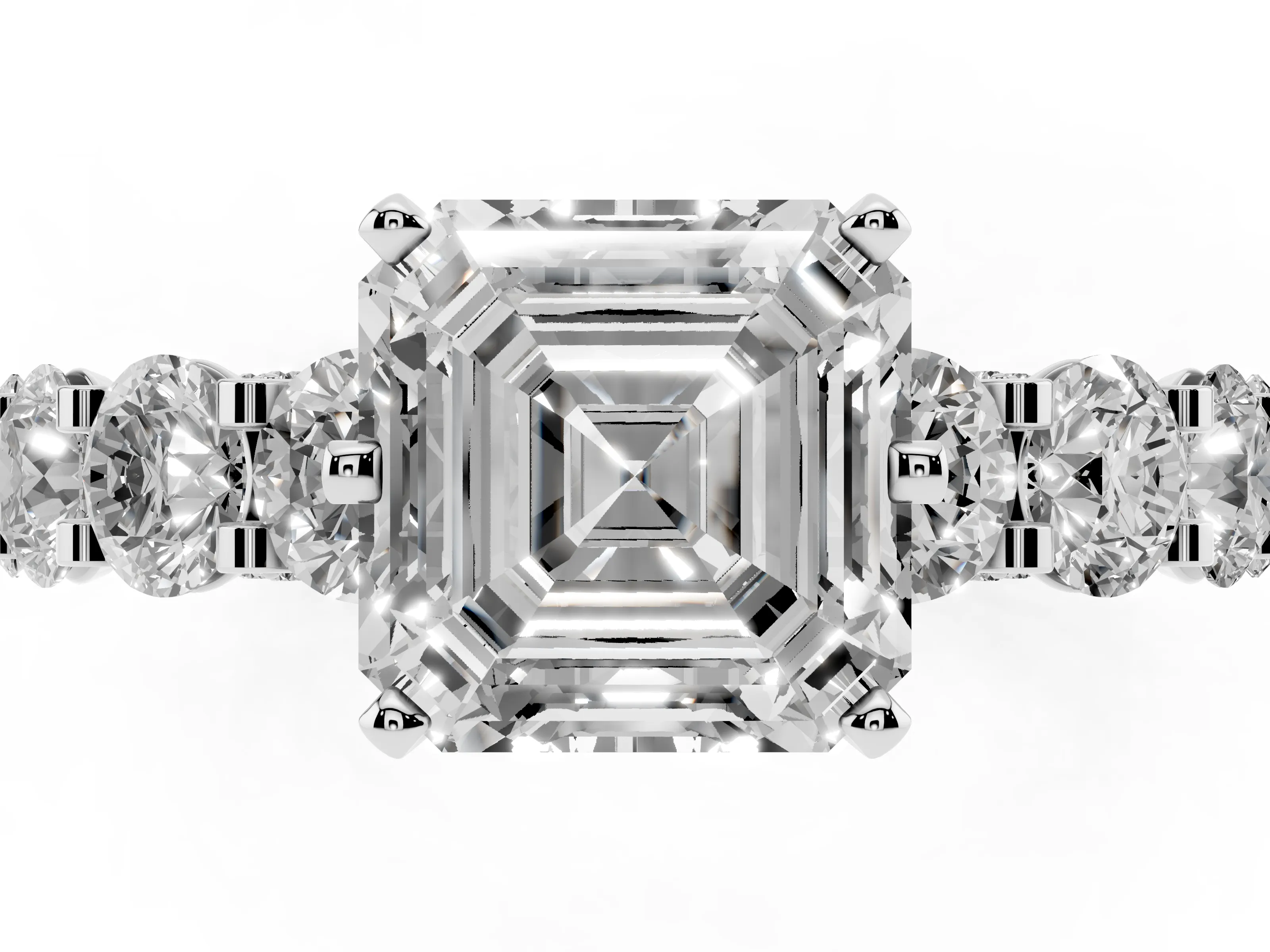 Asscher Cut Diamond Side Stone Ring Set in Platinum with Alternating Round and Oval Side Stones