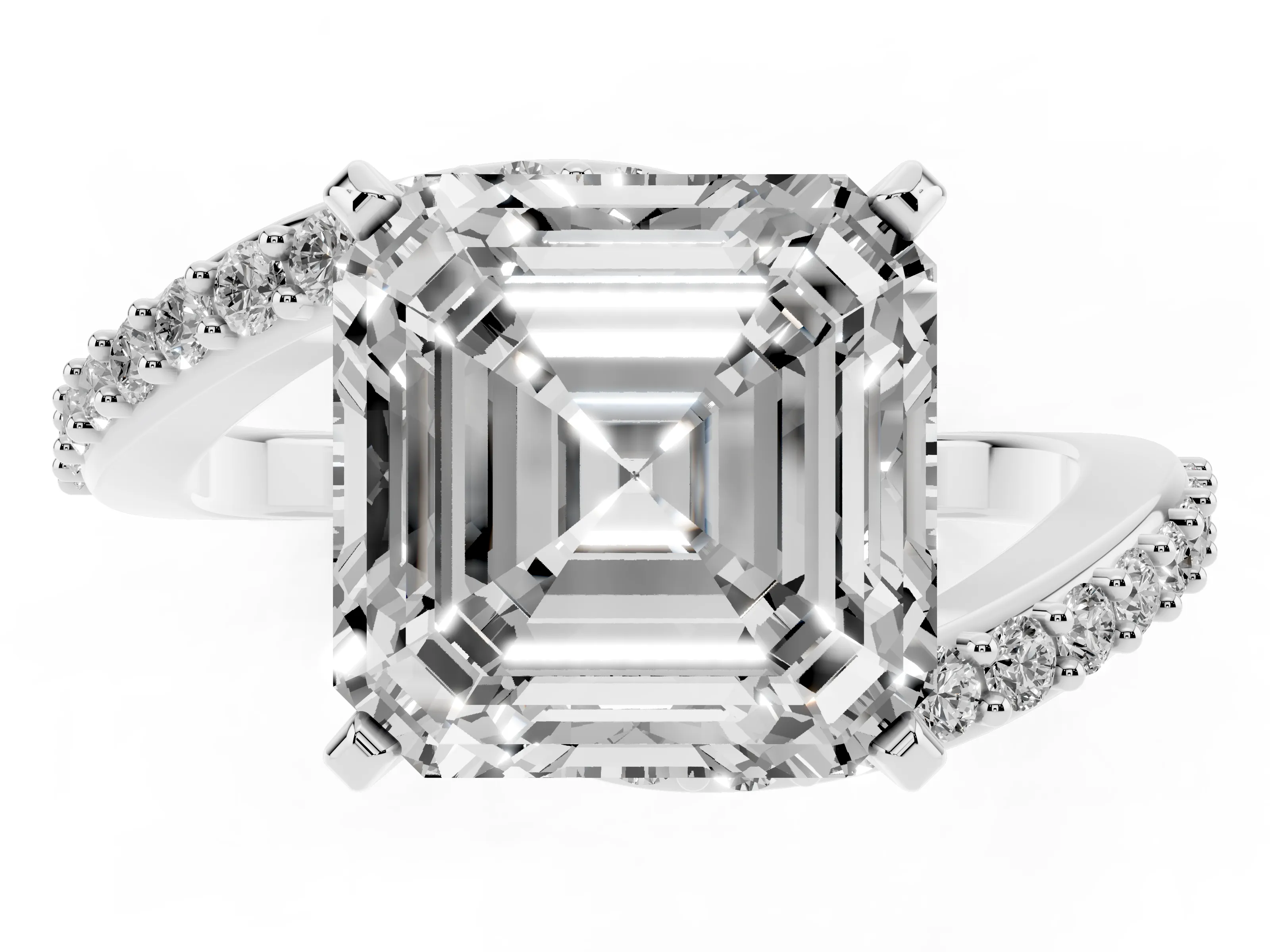 Asscher Cut Diamond Solitaire Ring Set in Platinum with Pavé Twist Band and Prong Setting