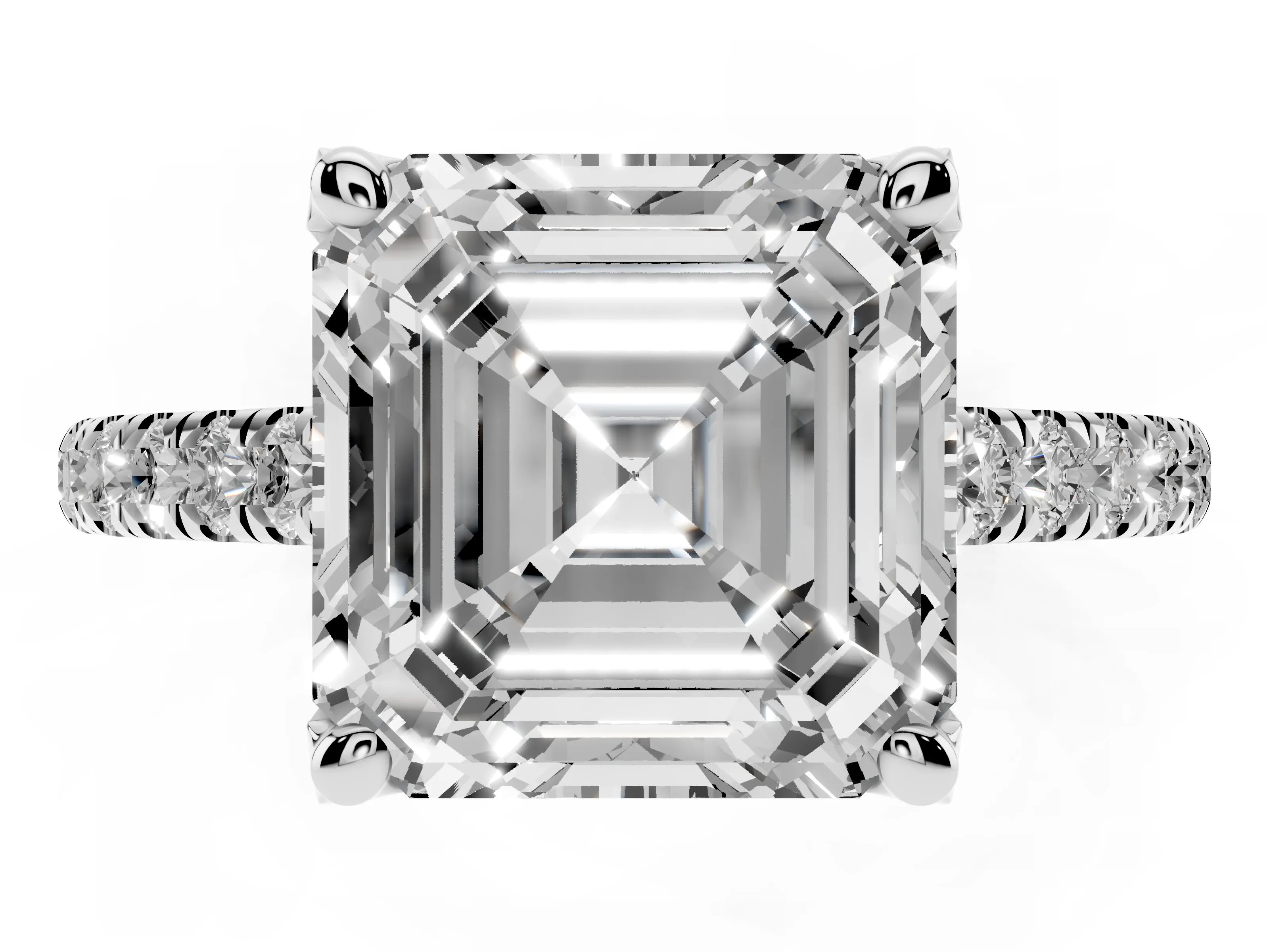 Asscher Cut Diamond Solitaire Ring Set in Platinum with Brilliant Pavé Band and Prong Setting
