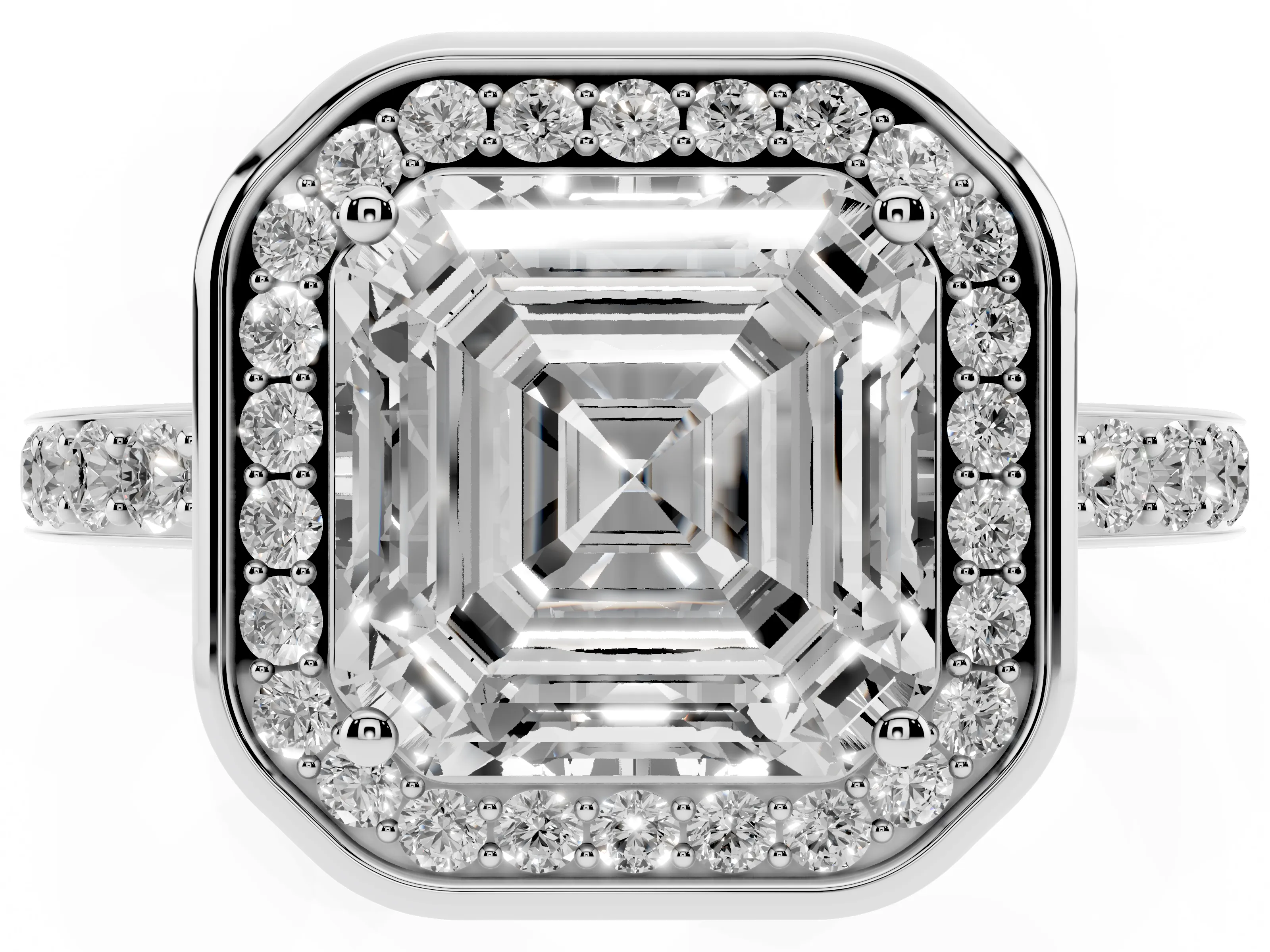 Asscher Cut Diamond Halo Ring Set in White gold with Bezel Frame and Pavé Band