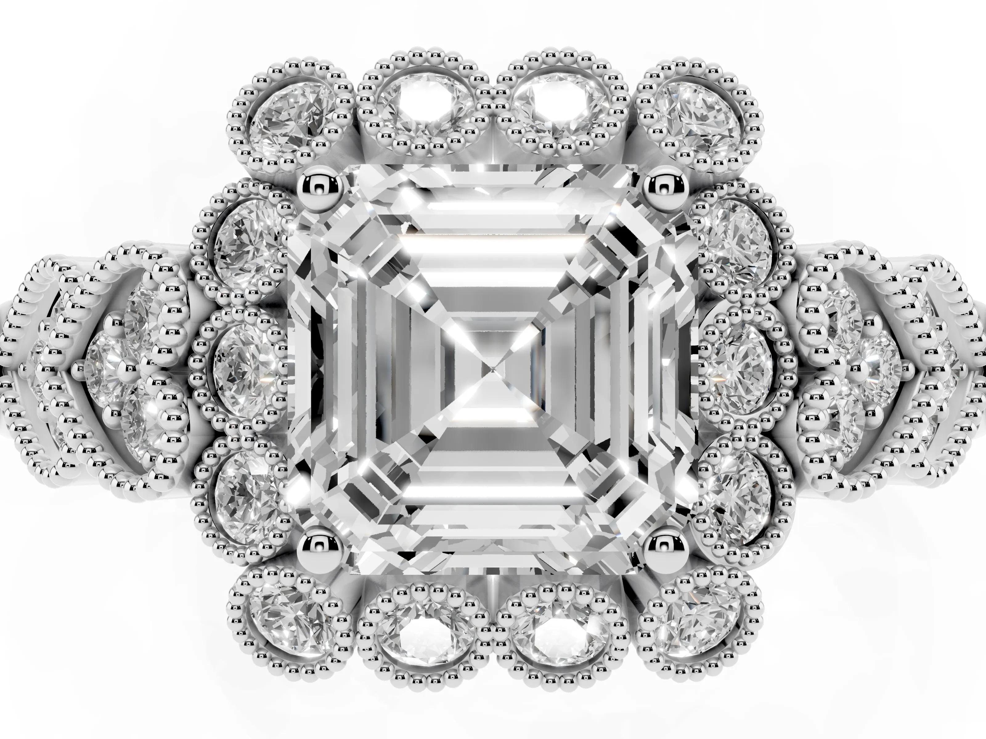 Asscher Cut Diamond Solitaire Ring Set in Silver with Milgrain Pavé Heart Band