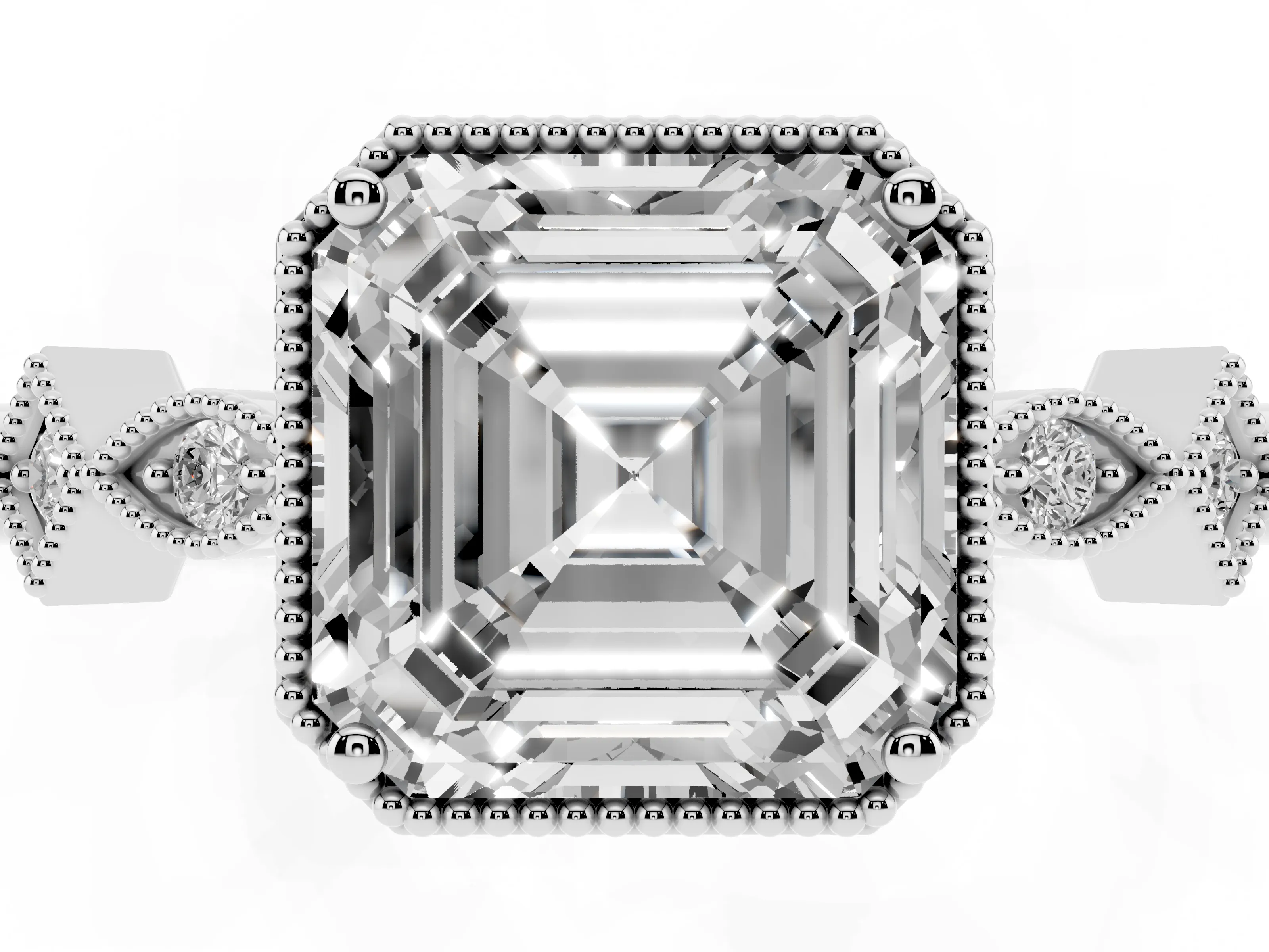 Asscher Cut Diamond Milgrain Marquise Twist Band Ring Set in White gold with Prong Setting