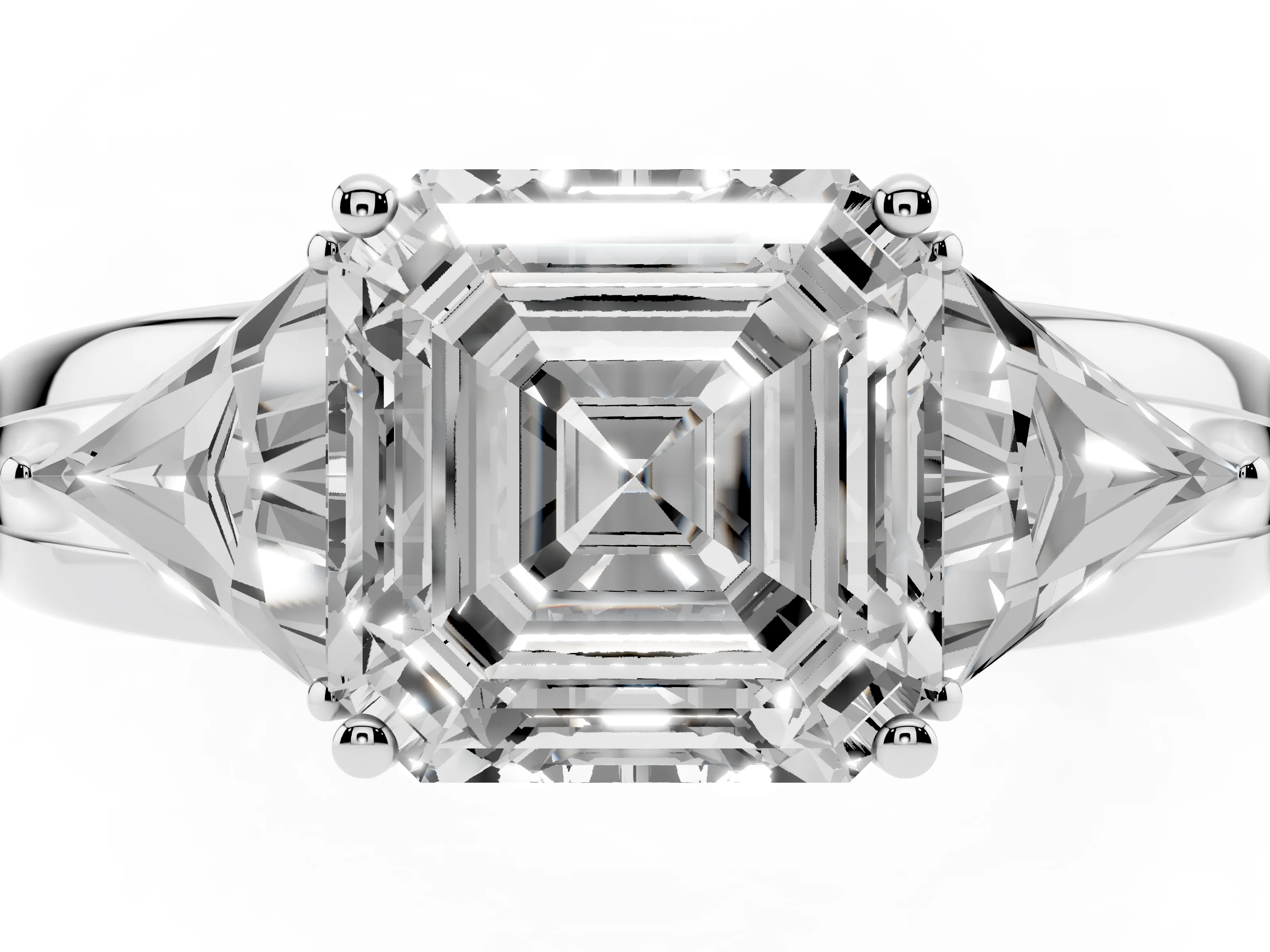 Asscher Cut Diamond Three-Stone Ring Set in Platinum with Trillion Side Stones and Split Shank