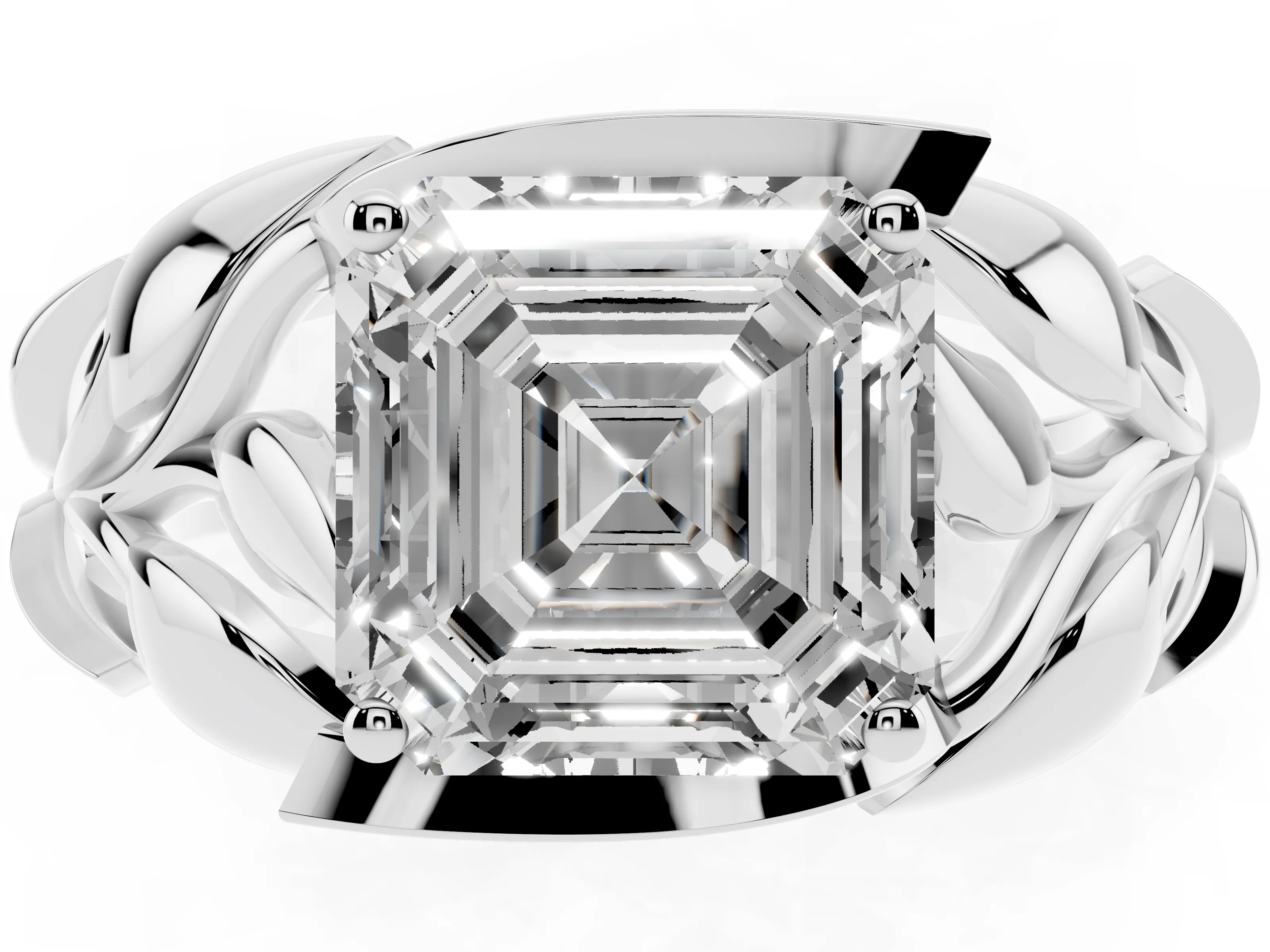 Asscher Cut Diamond Leaf-Inspired Engagement Ring Set in Silver with Round Accents