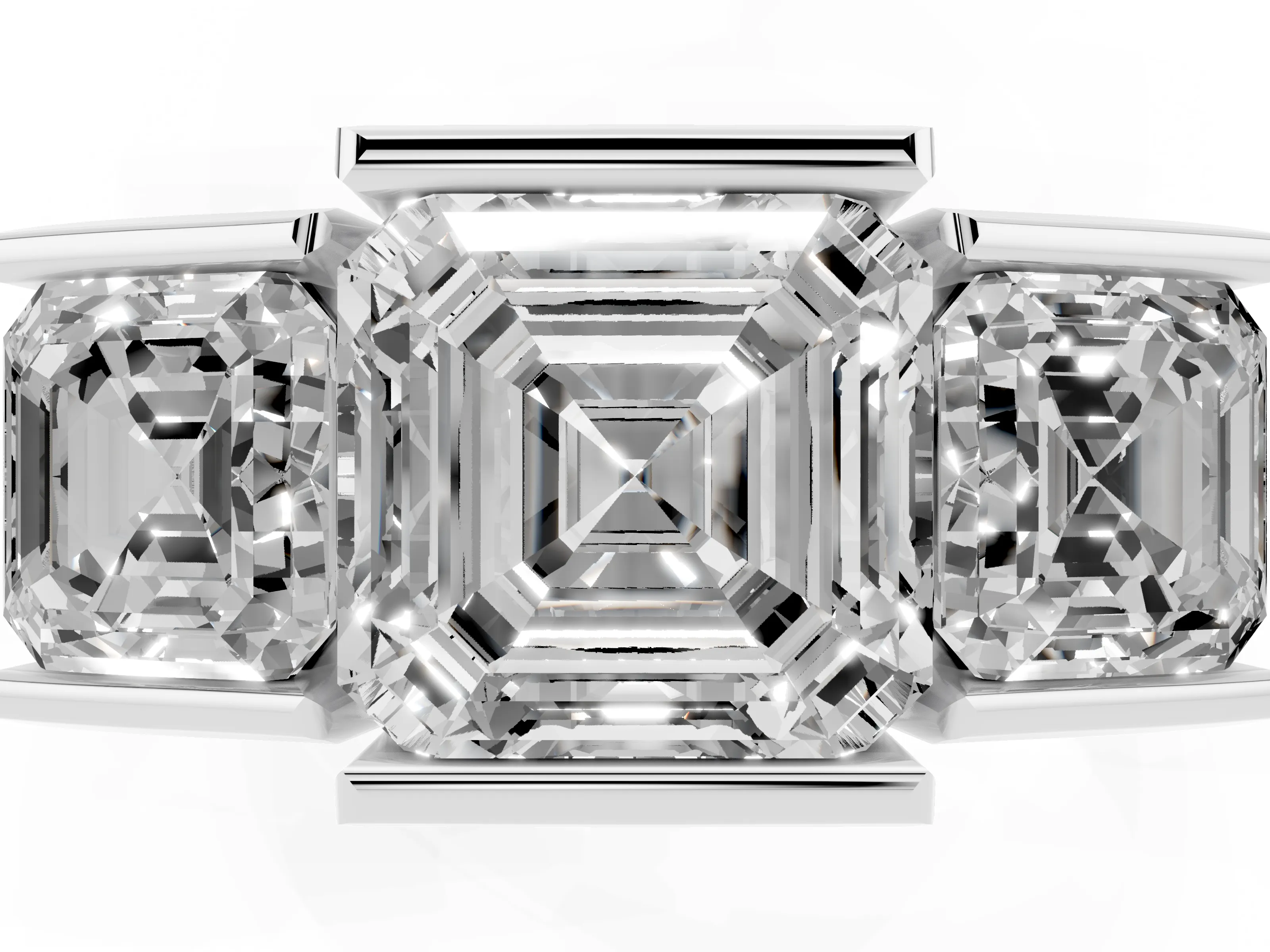 Asscher Cut Diamond Three-Stone Channel Set Ring Set in White gold with Smooth Polished Band