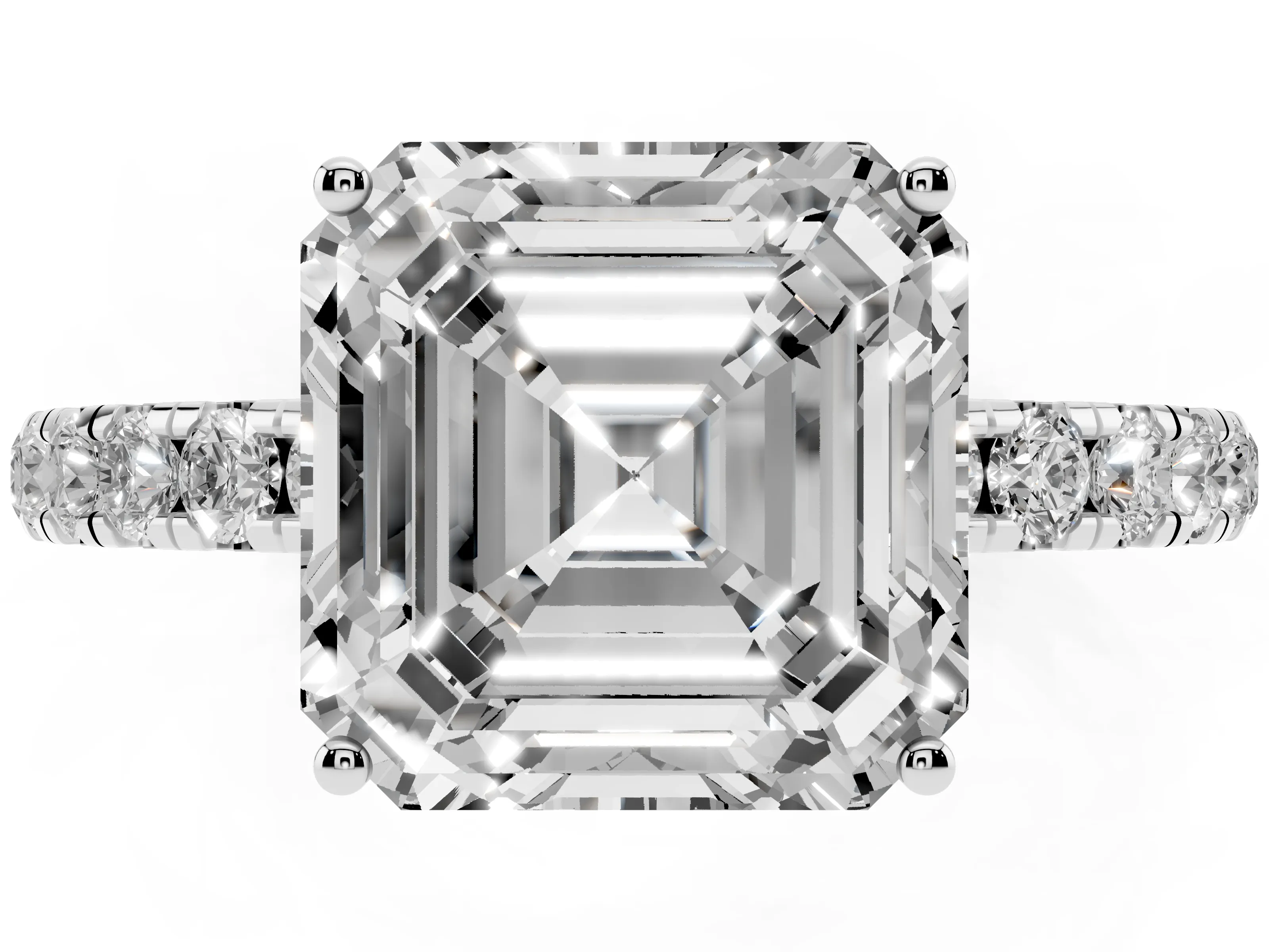 Asscher Cut Diamond Pavé Solitaire Engagement Ring Set in Platinum with Prong Setting