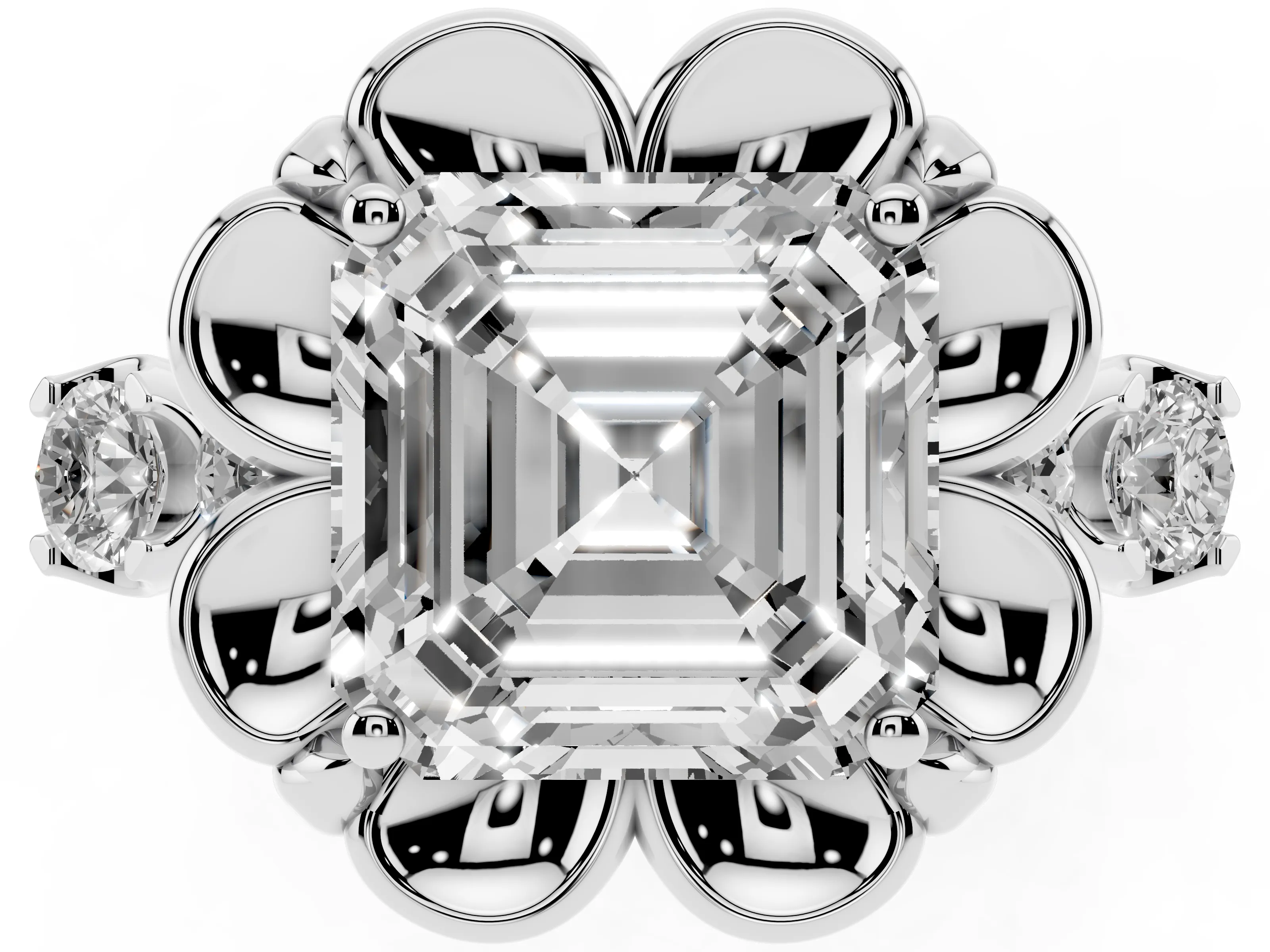 Asscher Cut Diamond Floral Halo Ring Set in Silver with Shared Prong Band