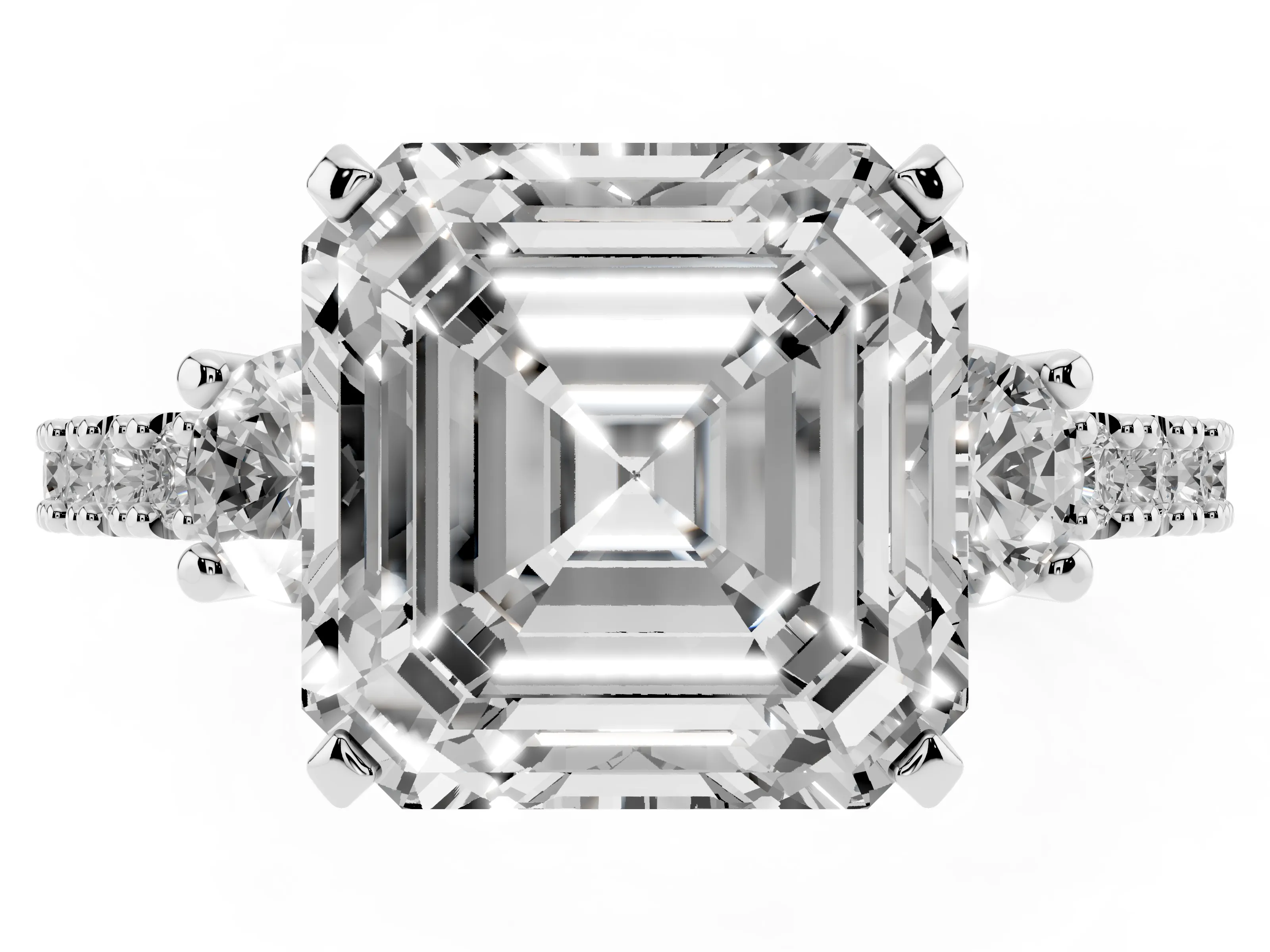 Three-Stone Asscher Cut Diamond Pavé Band Ring Set in Silver with Prong Setting