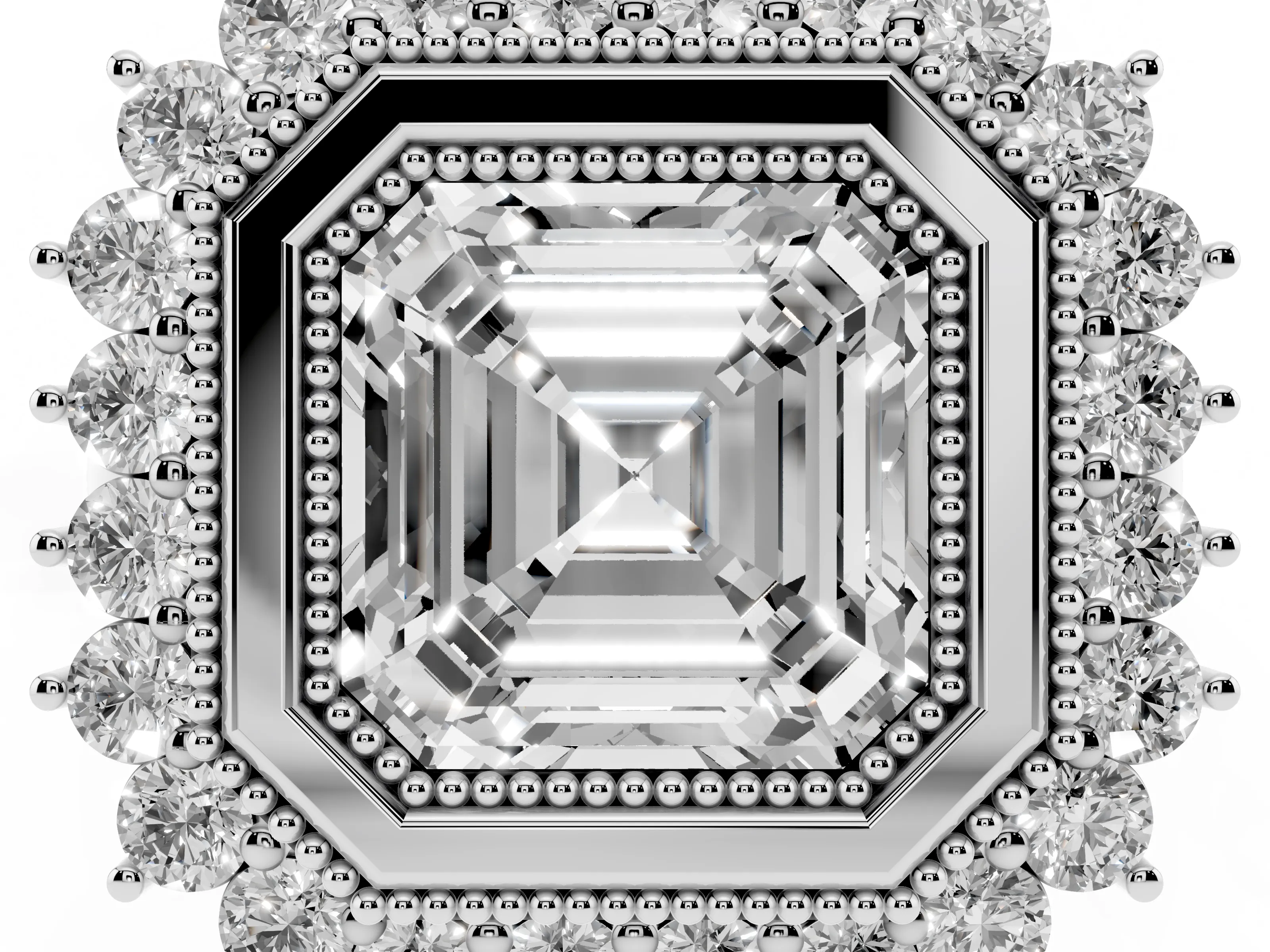 Asscher Cut Diamond Halo Ring Set in Platinum with Milgrain Edge and Round Prong Setting