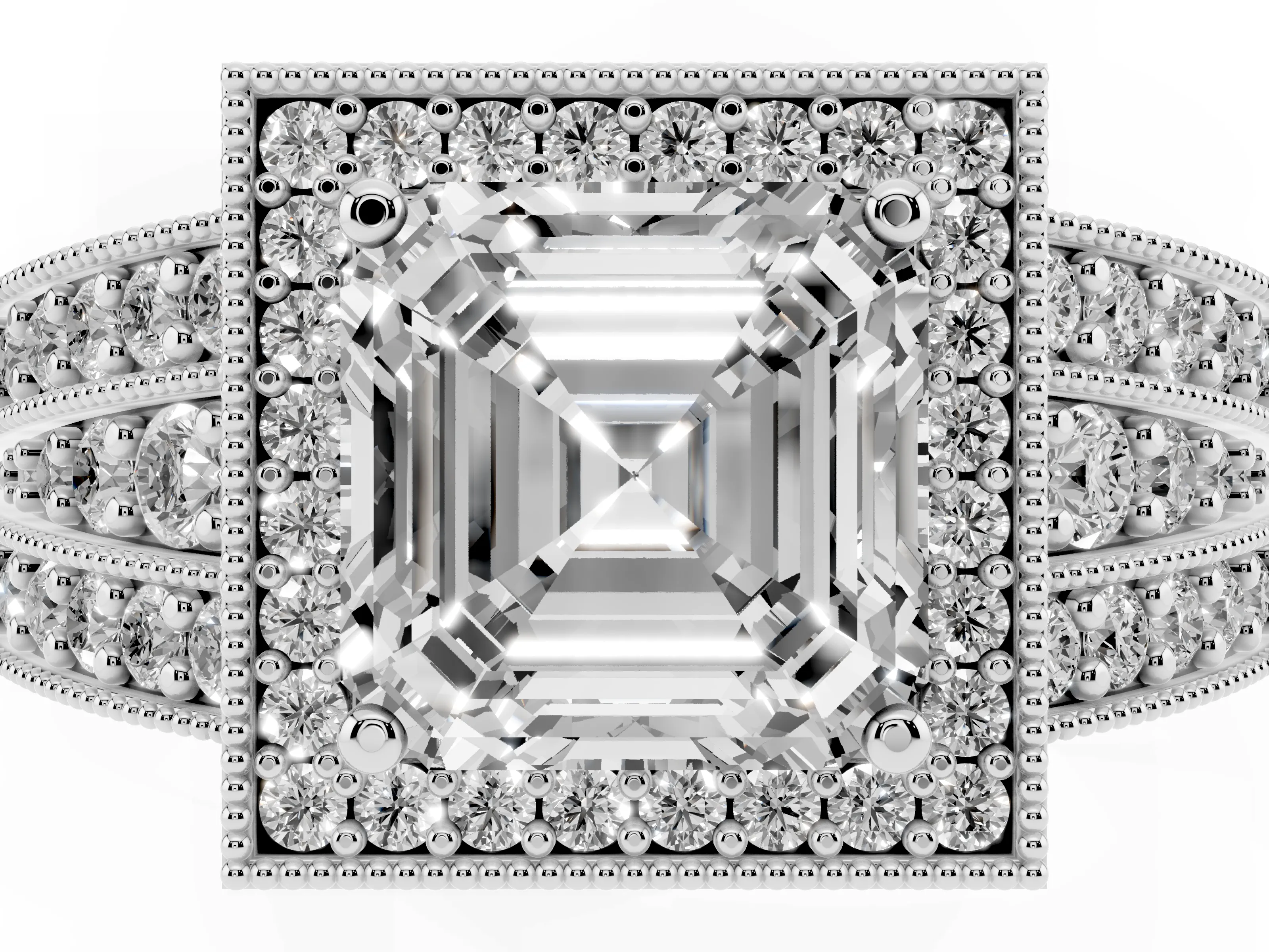 Asscher Cut Diamond Halo Ring Set in Silver with Accent Split Shank and Prong Setting