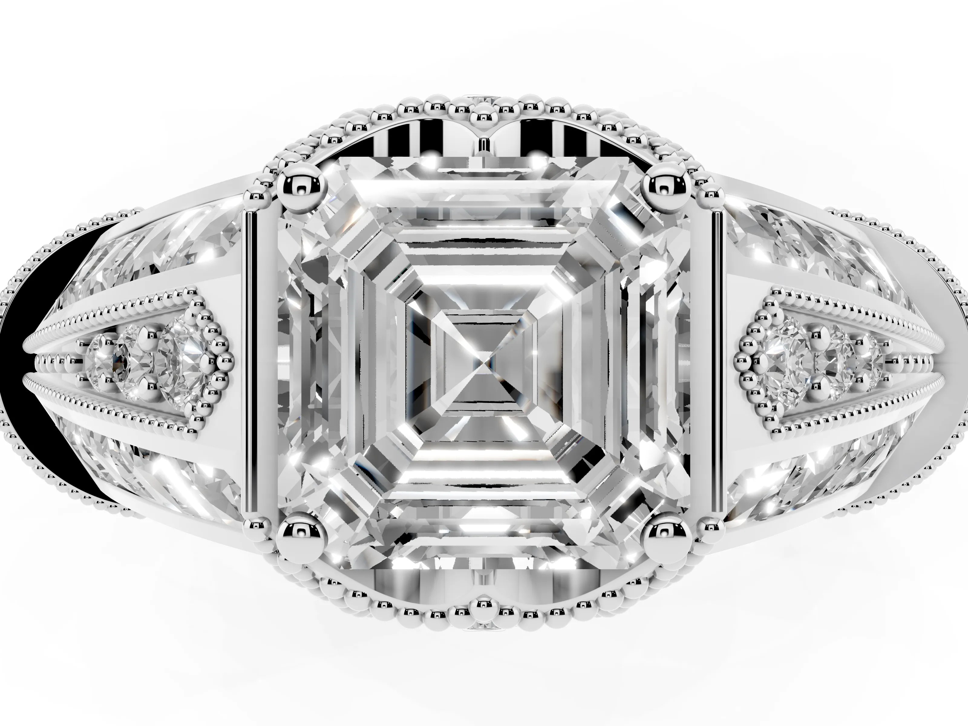 Asscher Cut Diamond Vintage-Inspired Milgrain Ring Set in White gold with Accent Split Shank