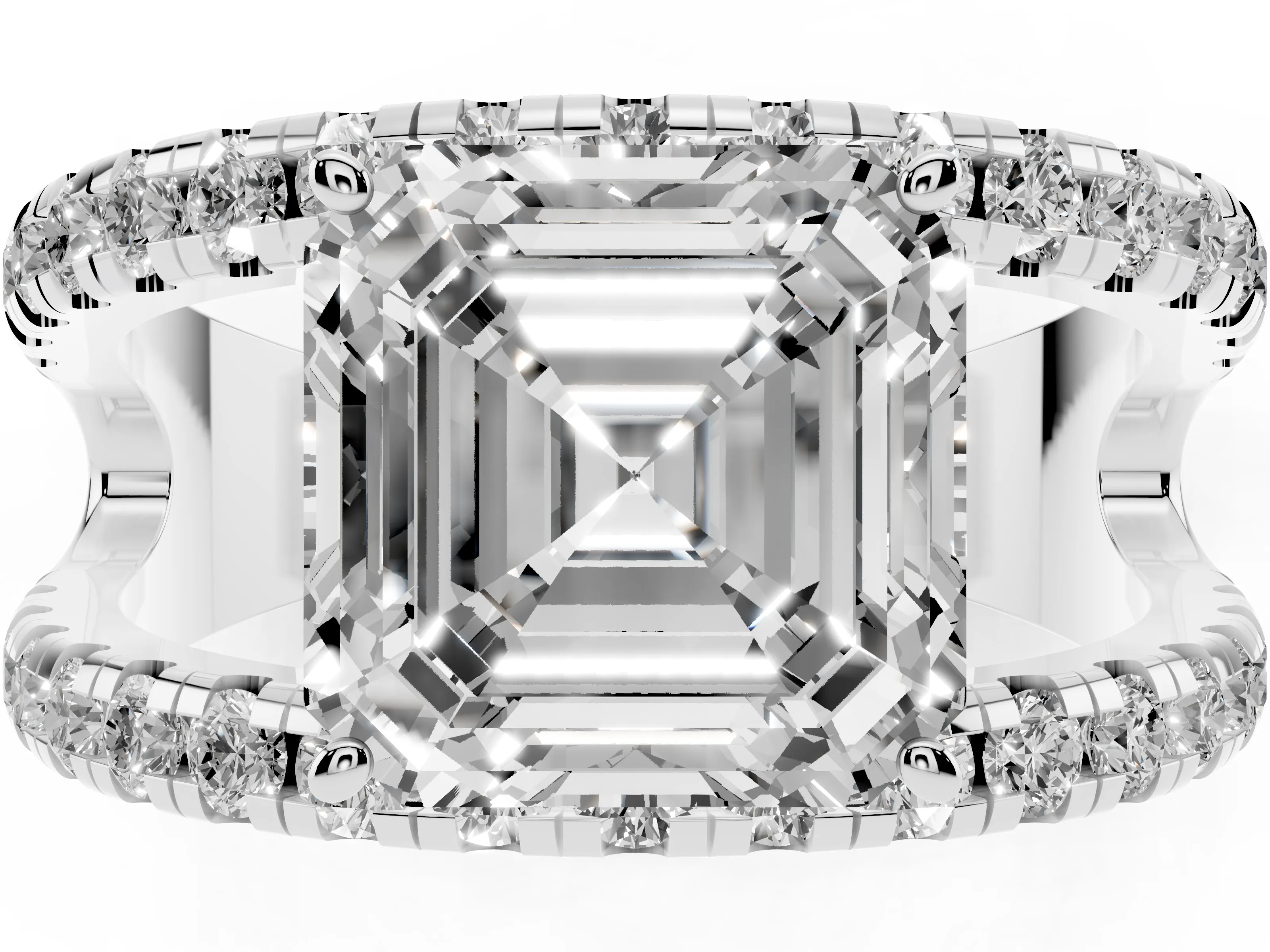 Asscher Cut Diamond Split Shank Pavé Solitaire Ring Set in Platinum with Open Shank Design
