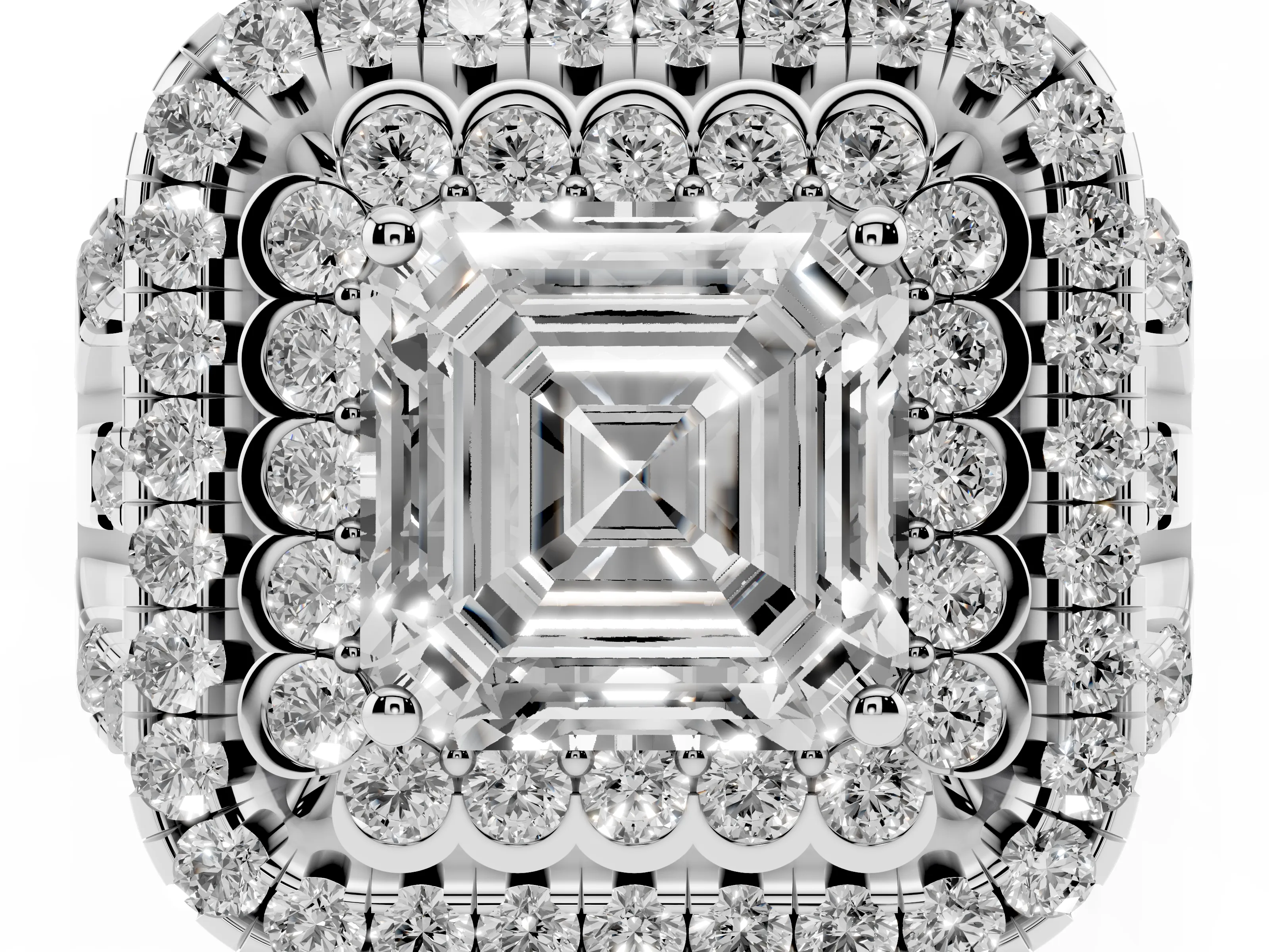 Asscher Cut Diamond Double Halo Ring Set in White gold with Round Pavé Split Shank