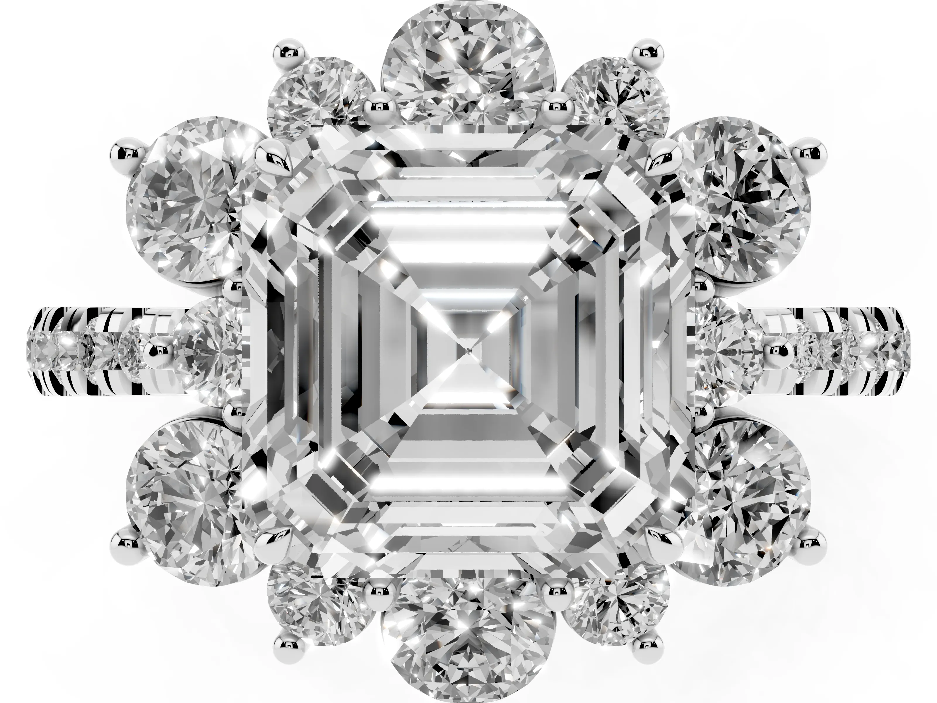 Asscher Cut Diamond Floral Halo Ring Set in Platinum with Round Pavé Band and Prong Setting