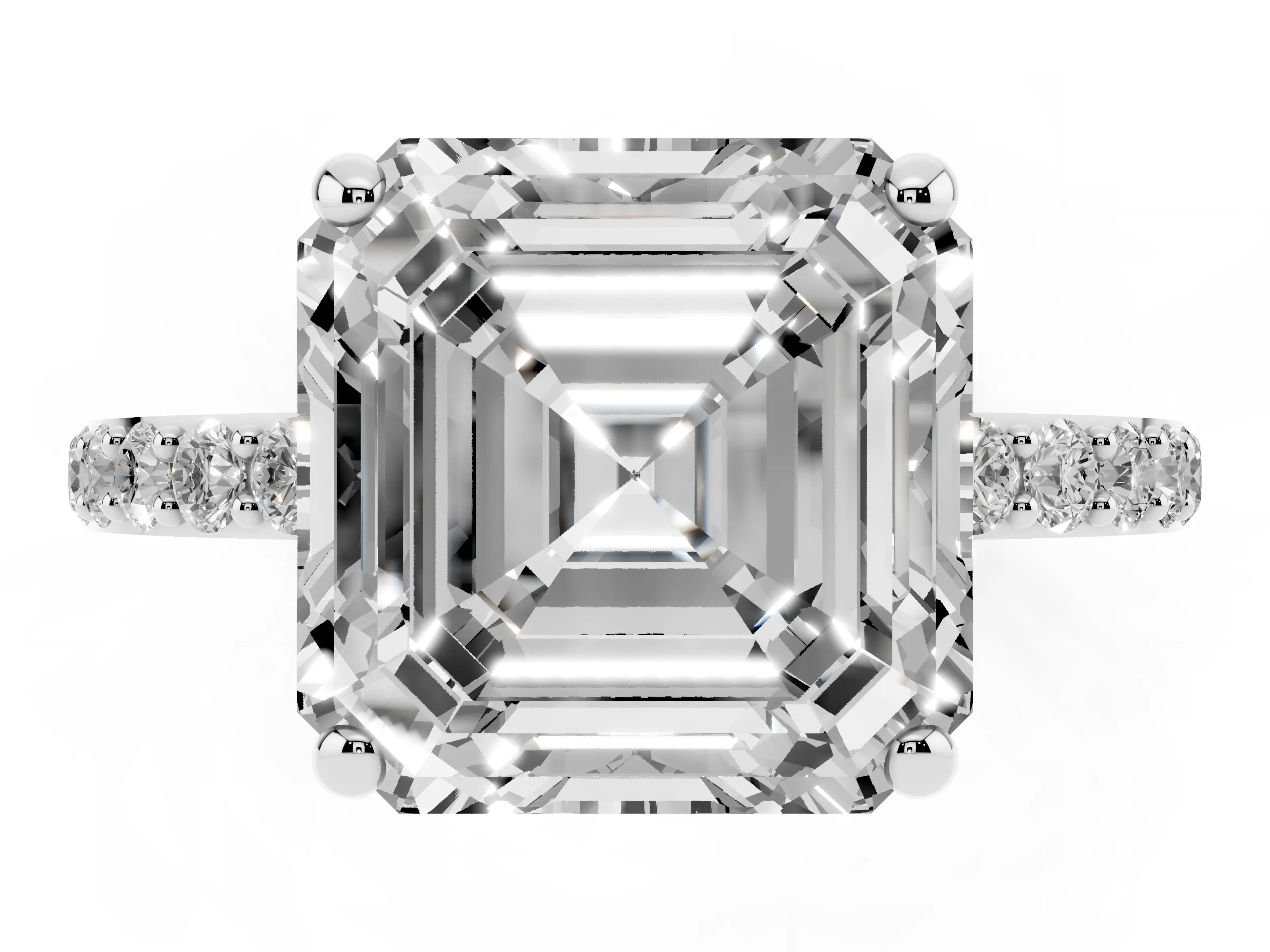 Asscher Cut Diamond Solitaire Ring Set in Silver with Round Pavé Band and Prong Setting